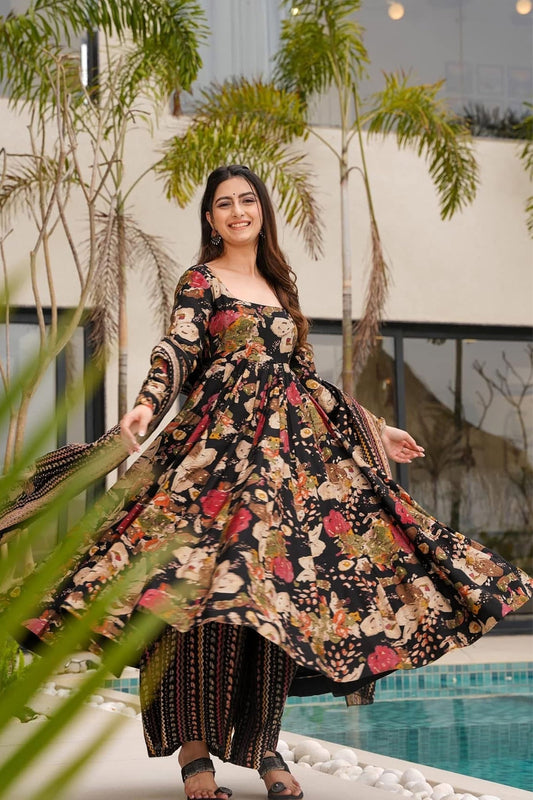 Black Multicolor Abstract Printed Anarkali Kurta Set with Dupatta - Mangaldeep NX