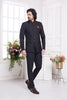 Black Textured Indo Western Suit for Men with Red Pocket Square - Mangaldeep NX