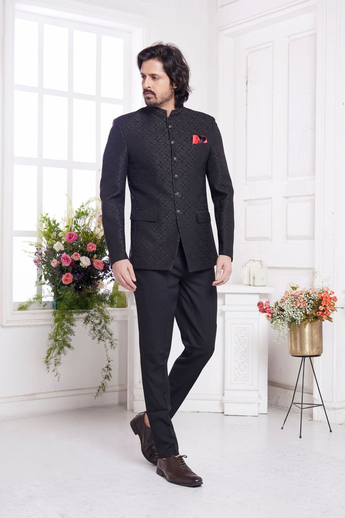 Black Textured Indo Western Suit for Men with Red Pocket Square - Mangaldeep NX