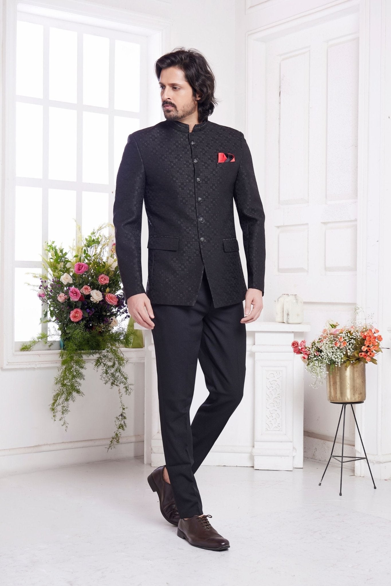 Black Textured Indo Western Suit for Men with Red Pocket Square - Mangaldeep NX