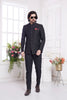 Black Textured Indo Western Suit for Men with Red Pocket Square - Mangaldeep NX