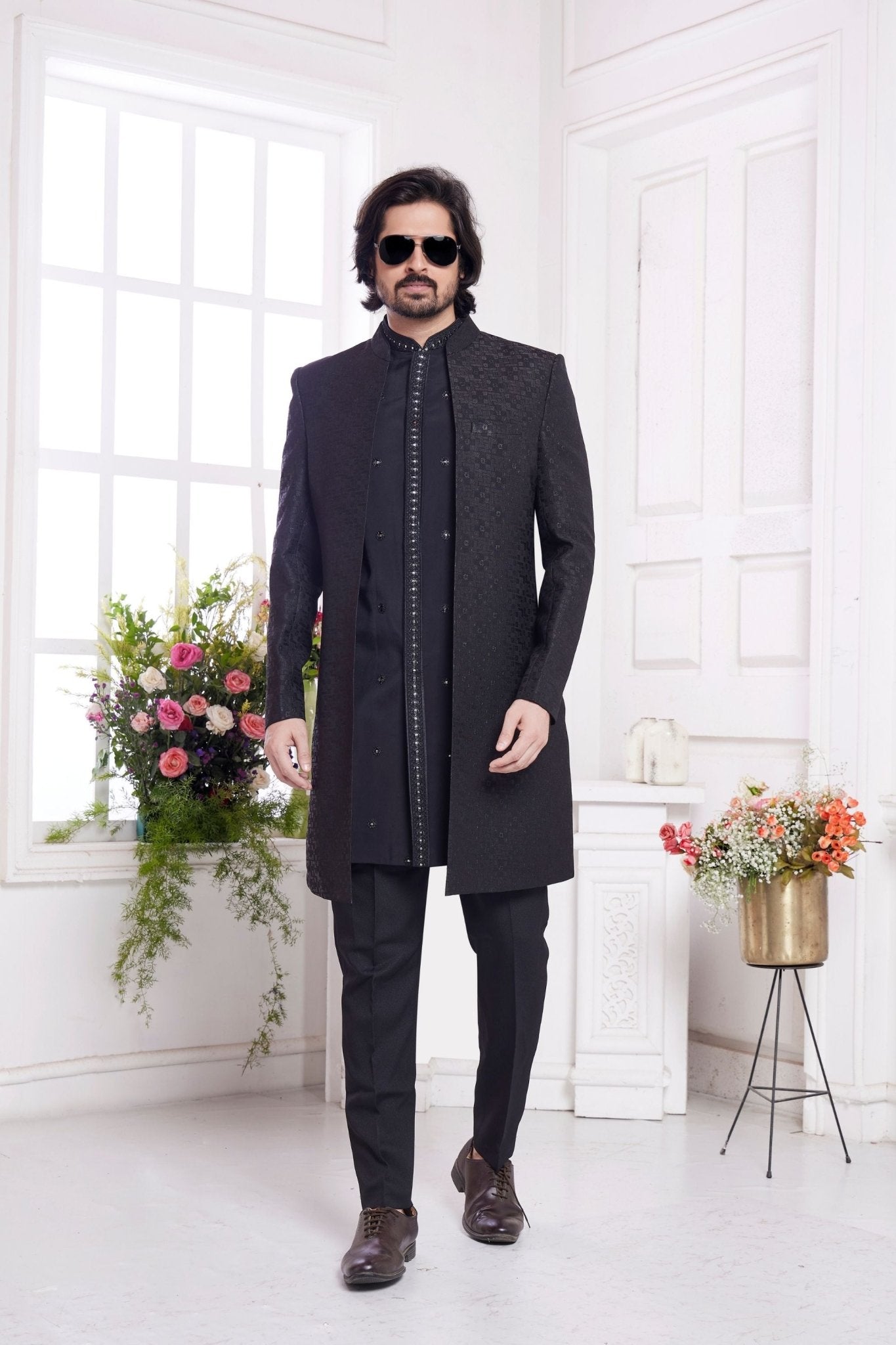 Black Textured Silk Indo - Western Sherwani Set for Men with Embroidered Kurta and Straight Pants - Mangaldeep NX