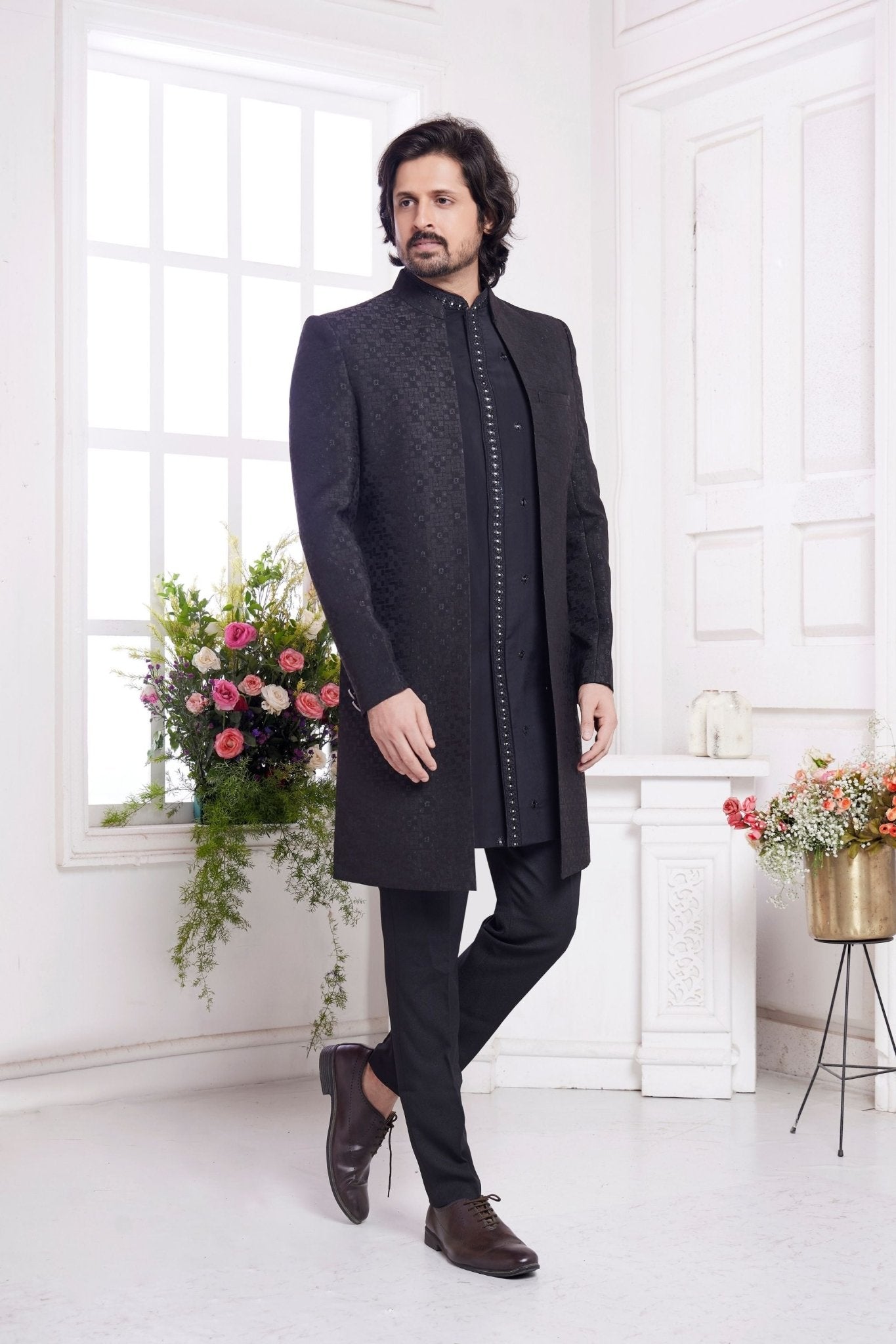 Black Textured Silk Indo - Western Sherwani Set for Men with Embroidered Kurta and Straight Pants - Mangaldeep NX