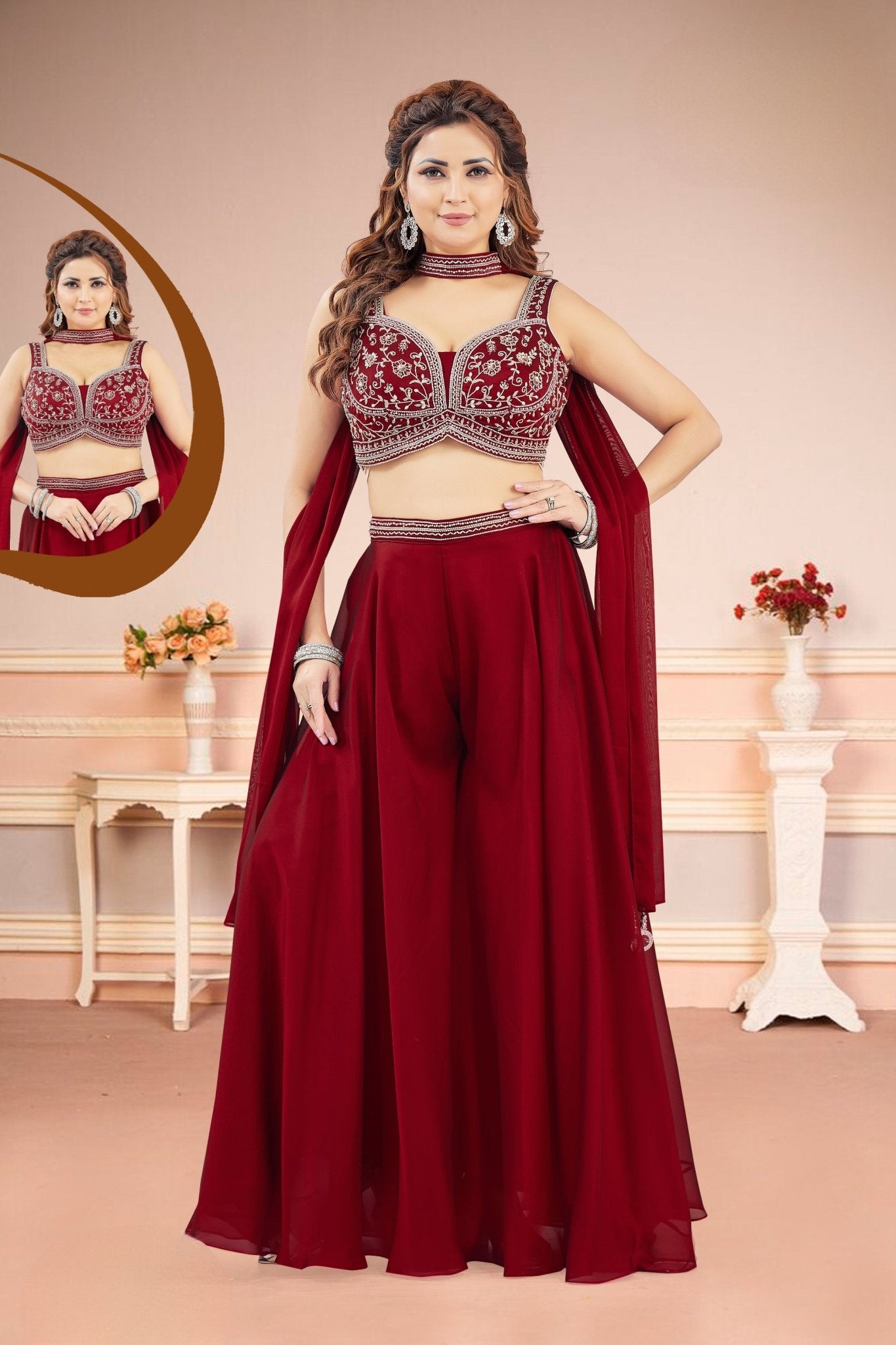 Blooming Maroon Silk Embroidered Palazzo Salwar Suit - Mangaldeep NX