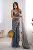 Blue and Gold Checkered Chiffon Saree with Pearl Lace Border - Mangaldeep NX