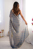 Blue and Gold Checkered Chiffon Saree with Pearl Lace Border - Mangaldeep NX