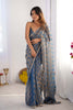Blue and Gold Checkered Chiffon Saree with Pearl Lace Border - Mangaldeep NX