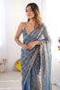 Blue and Gold Checkered Chiffon Saree with Pearl Lace Border - Mangaldeep NX