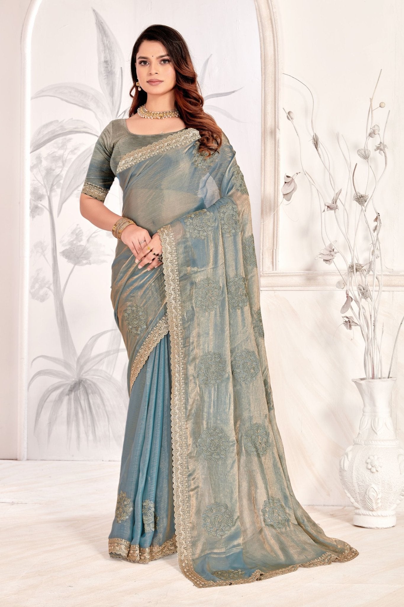 Blue and Grey Silk Saree with Embroidered Border and Blouse - Mangaldeep NX