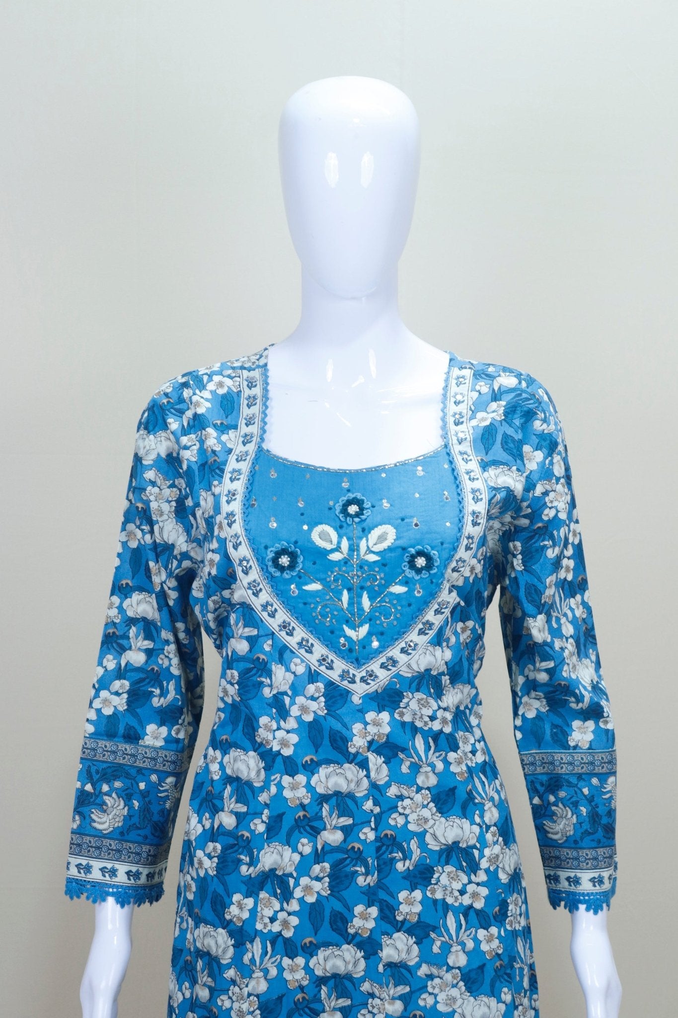 Blue Floral Printed Cotton Suit Set with Embroidered Neck Dupatta - Mangaldeep NX