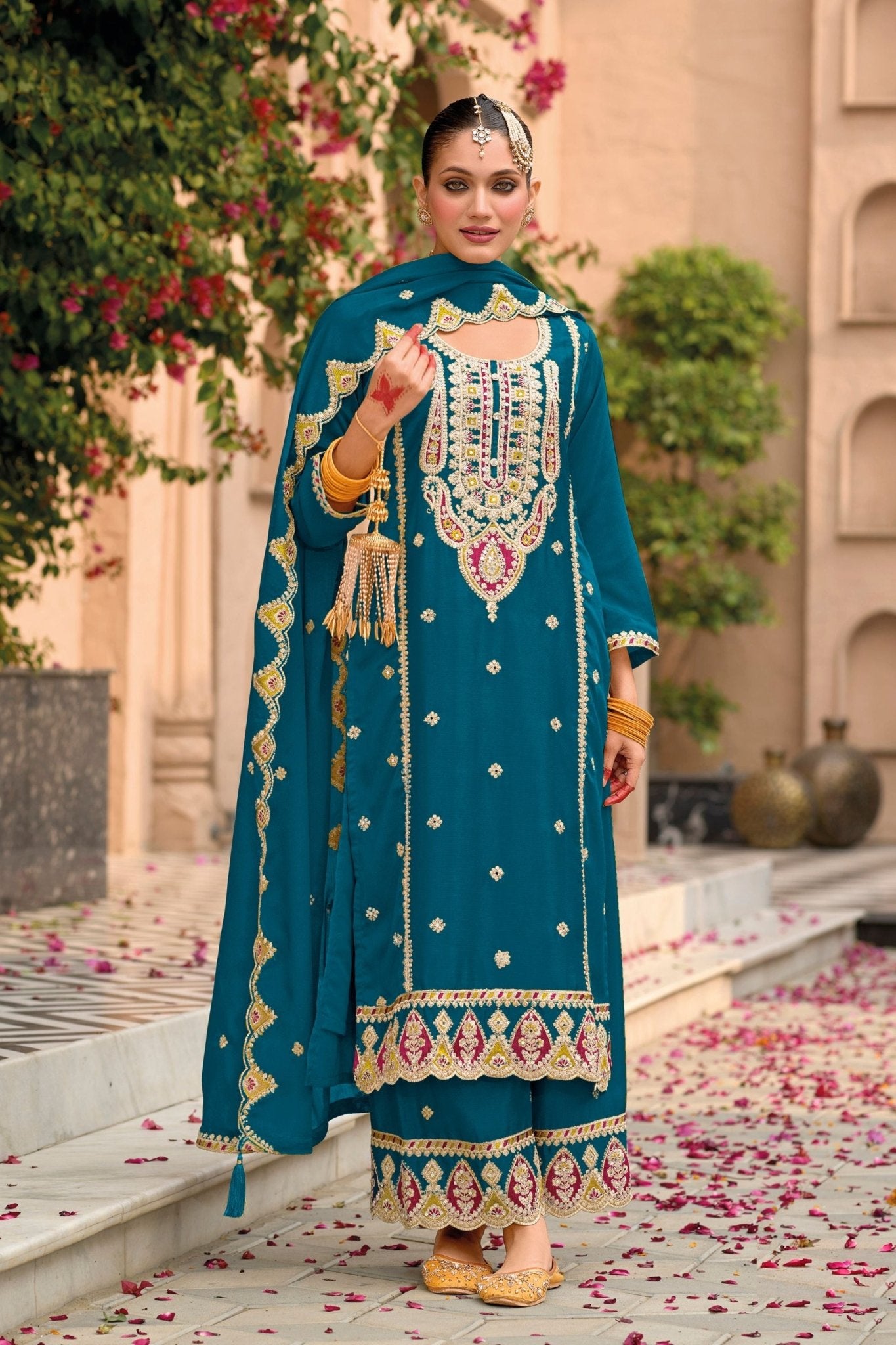 Blue Salwar Kameez in Chinon Silk Fabric with Embroidered - Mangaldeep NX
