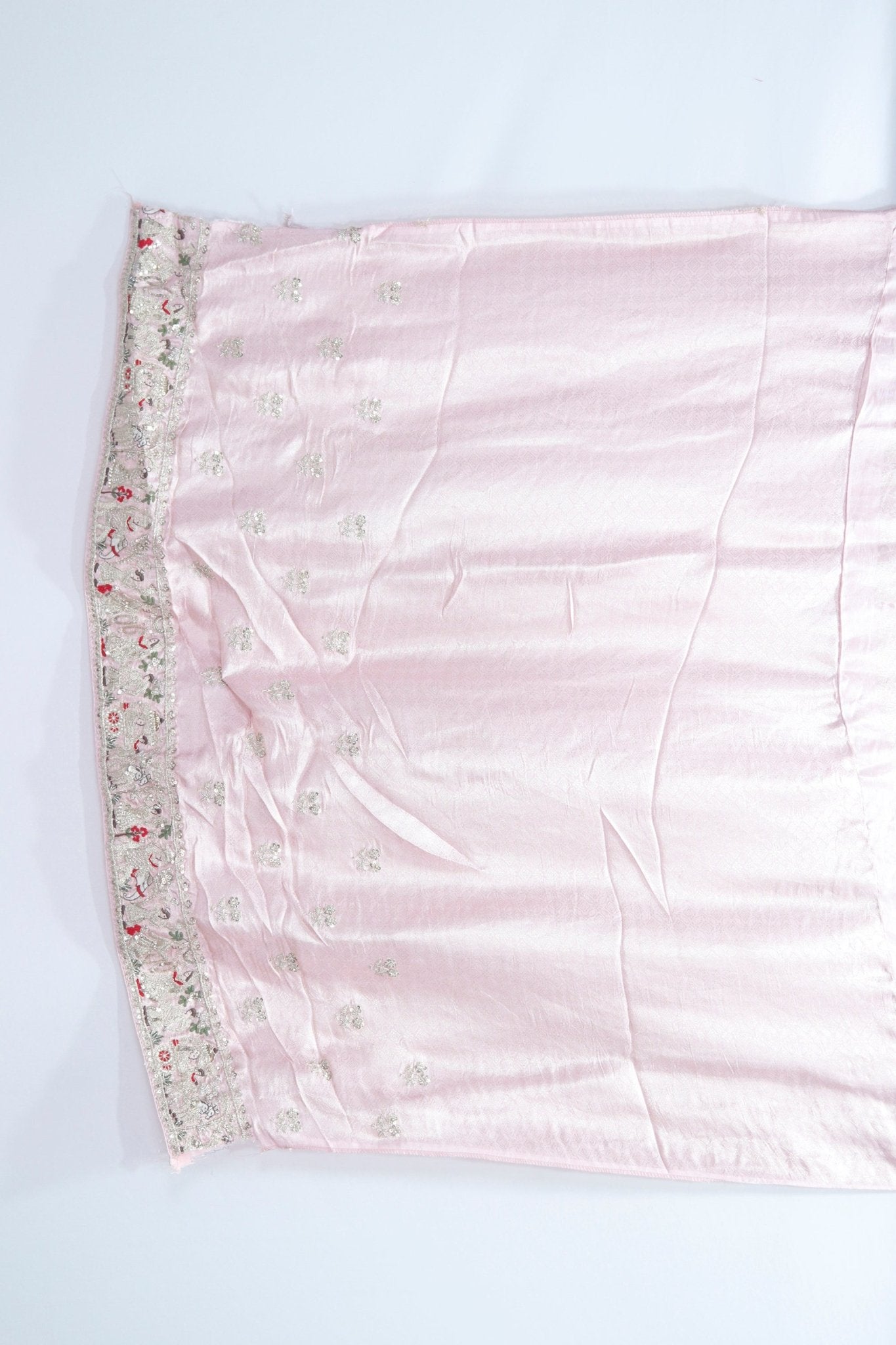 Blush Pink Banarasi Silk Saree with Silver Zari Weaving and Red Floral Embroidered Border - Mangaldeep NX