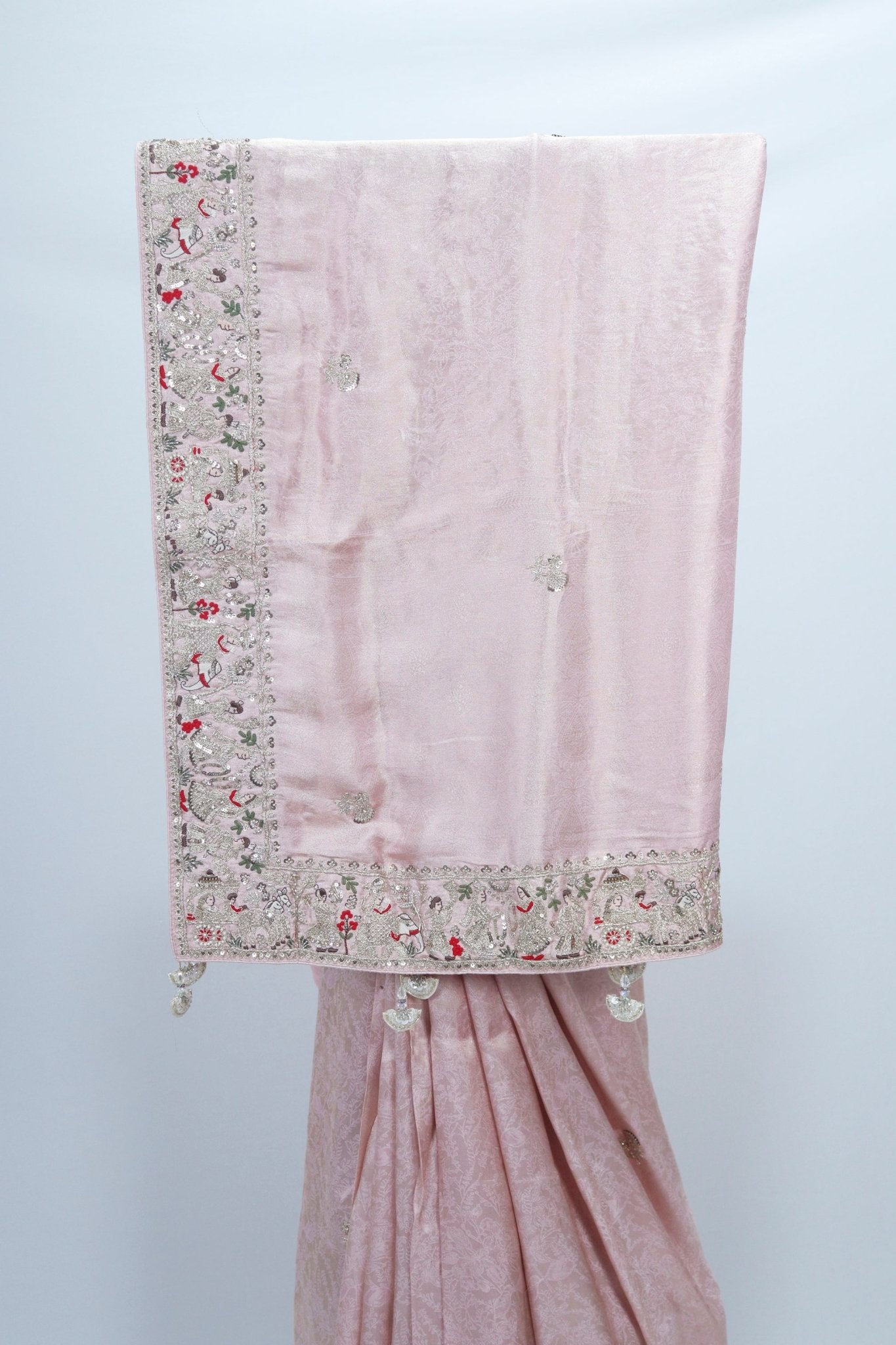 Blush Pink Banarasi Silk Saree with Silver Zari Weaving and Red Floral Embroidered Border - Mangaldeep NX