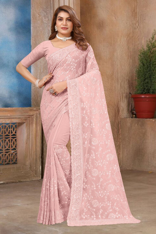 Blush Pink Embroidered Georgette Saree with All - Over Floral Thread Work and Matching Blouse Piece - Mangaldeep NX