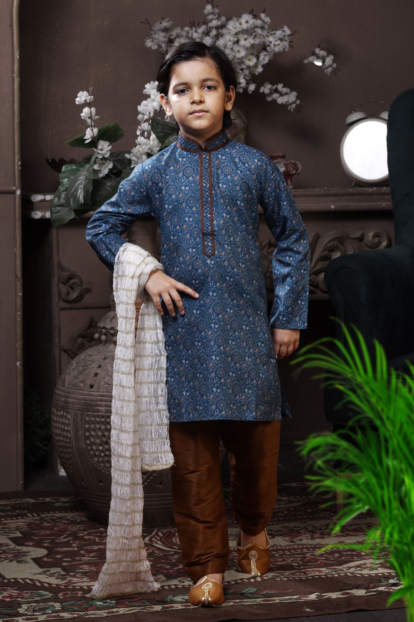 Boys Blue Printed Kurta with Brown Pyjama and White Dupatta - Mangaldeep NX
