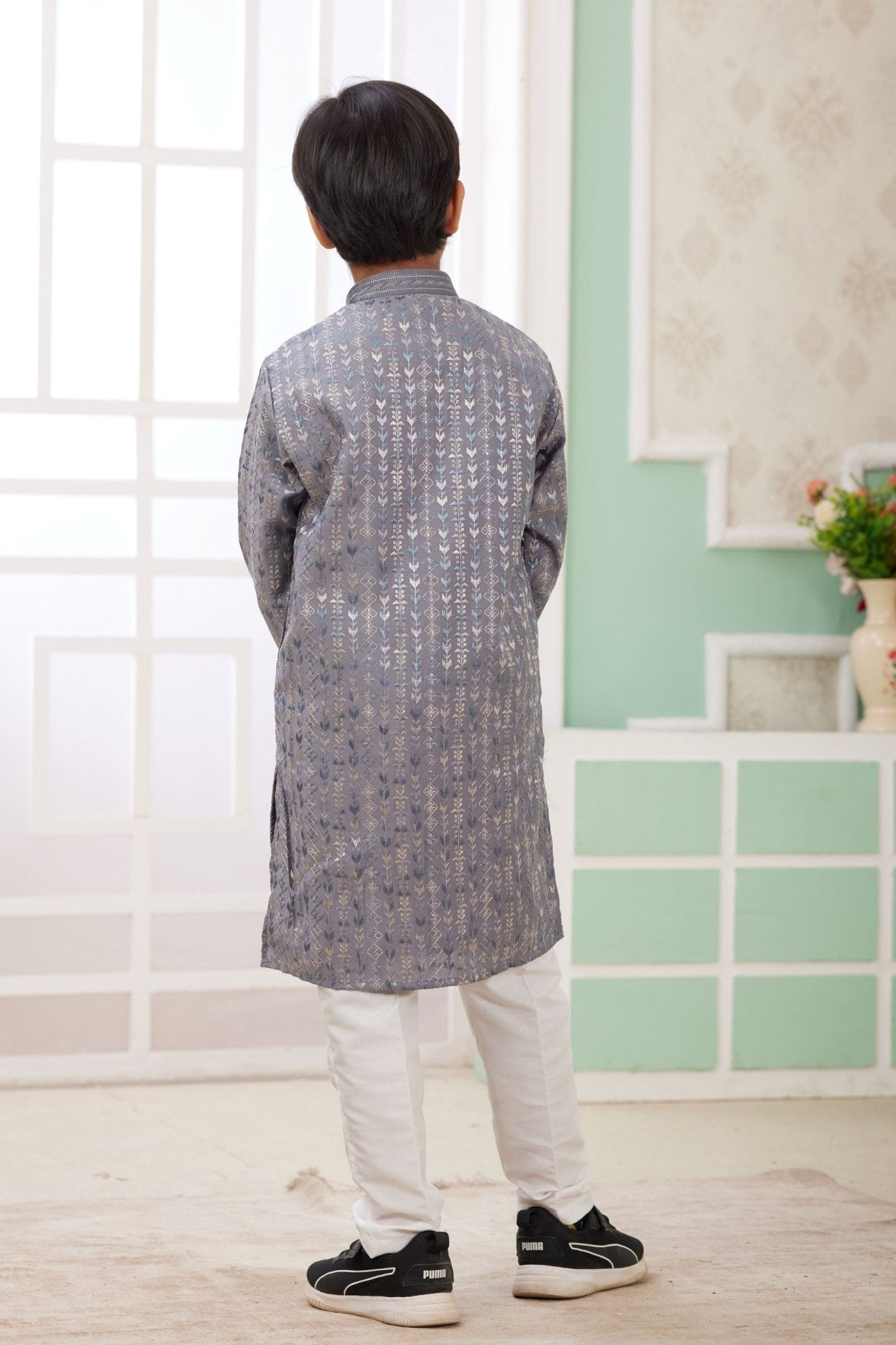 Boys Grey Embroidered Kurta Pajama Set For Festivals - Mangaldeep NX