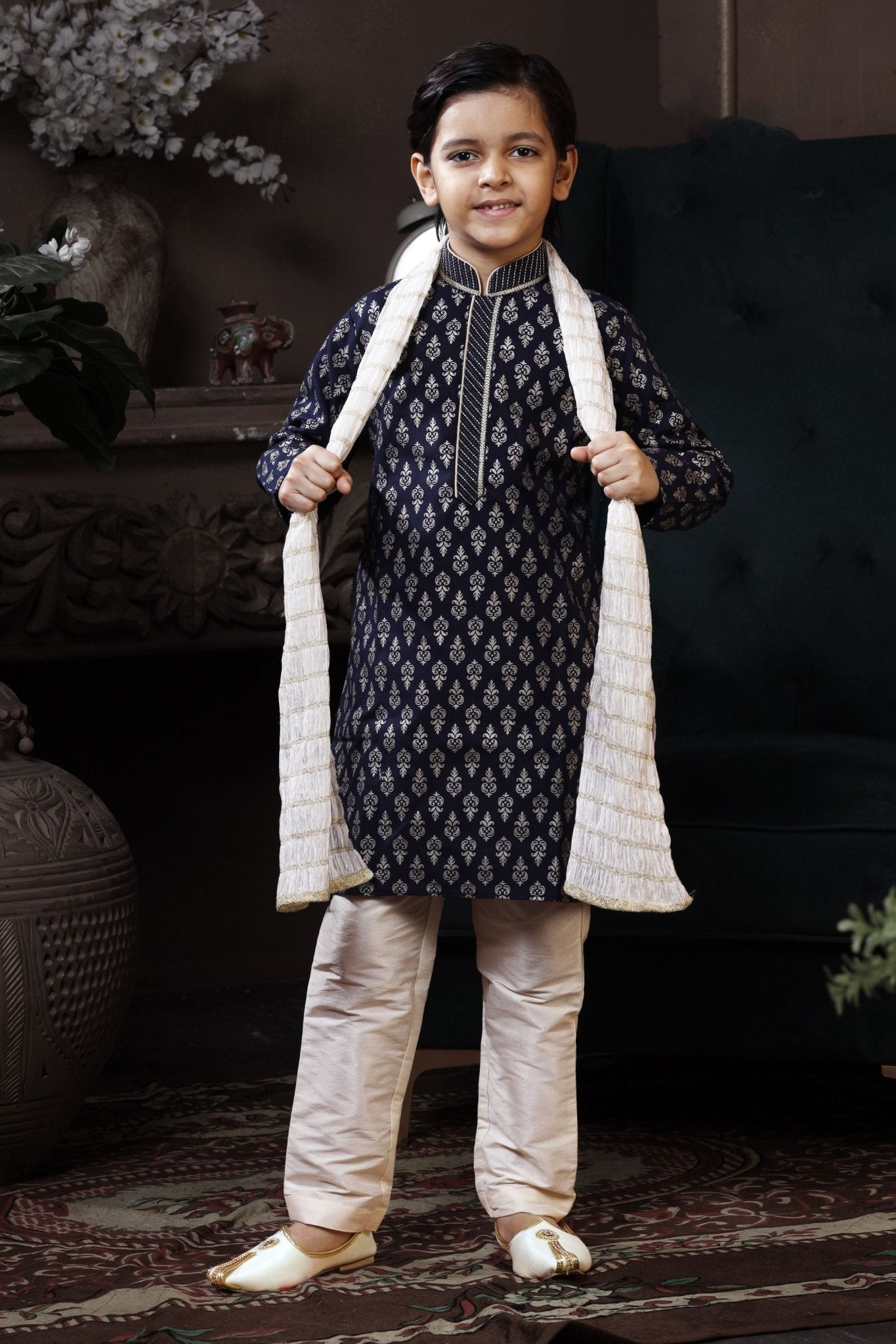 Boys Navy Blue Printed Kurta with Cream Pyjama and White Dupatta - Mangaldeep NX