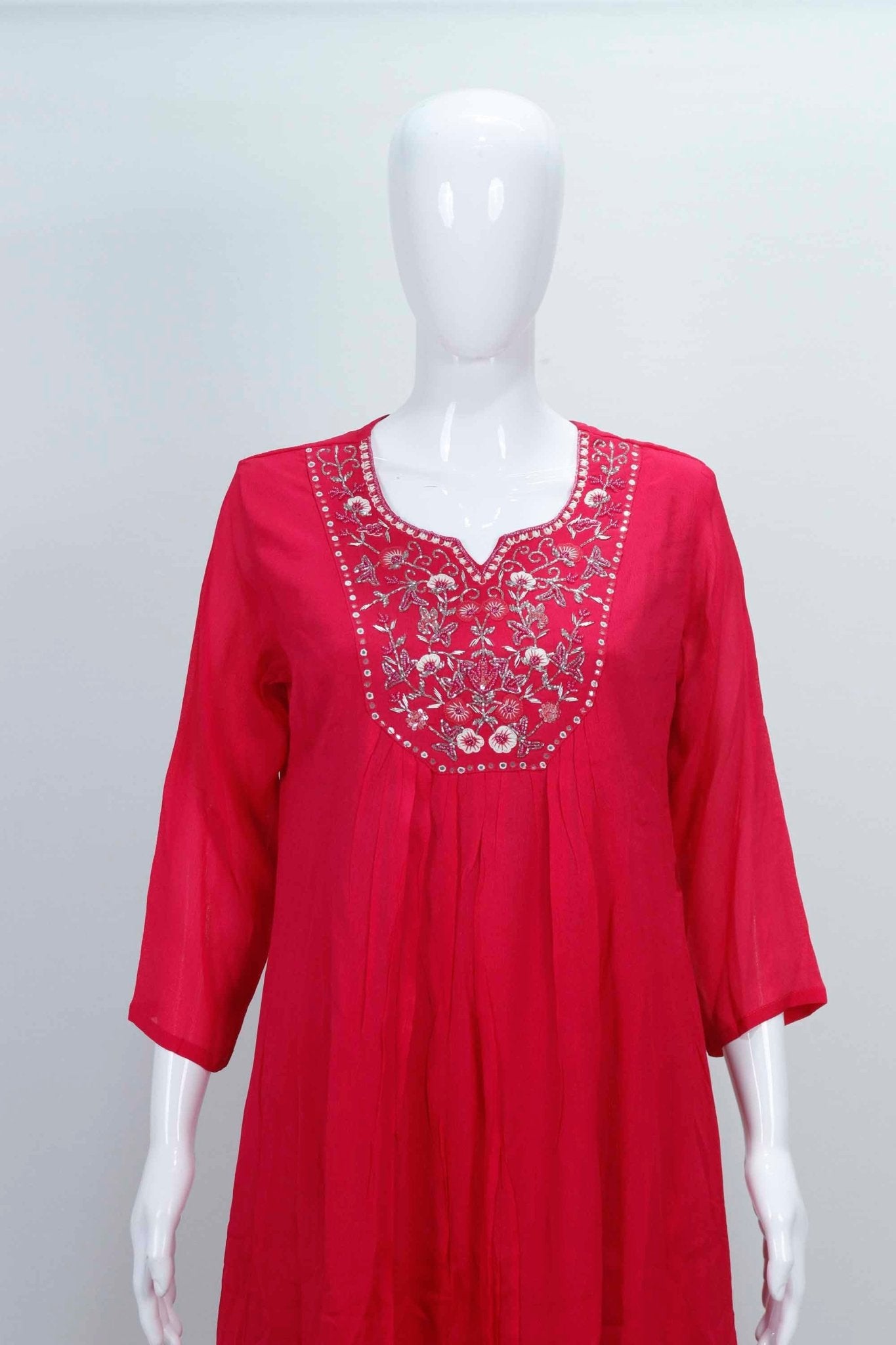 Bright Red Georgette Kurta Set with Mirror Work Embroidery and Matching Dupatta - Mangaldeep NX