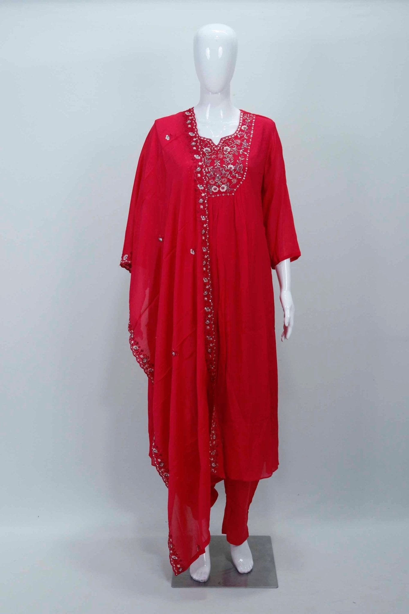 Bright Red Georgette Kurta Set with Mirror Work Embroidery and Matching Dupatta - Mangaldeep NX