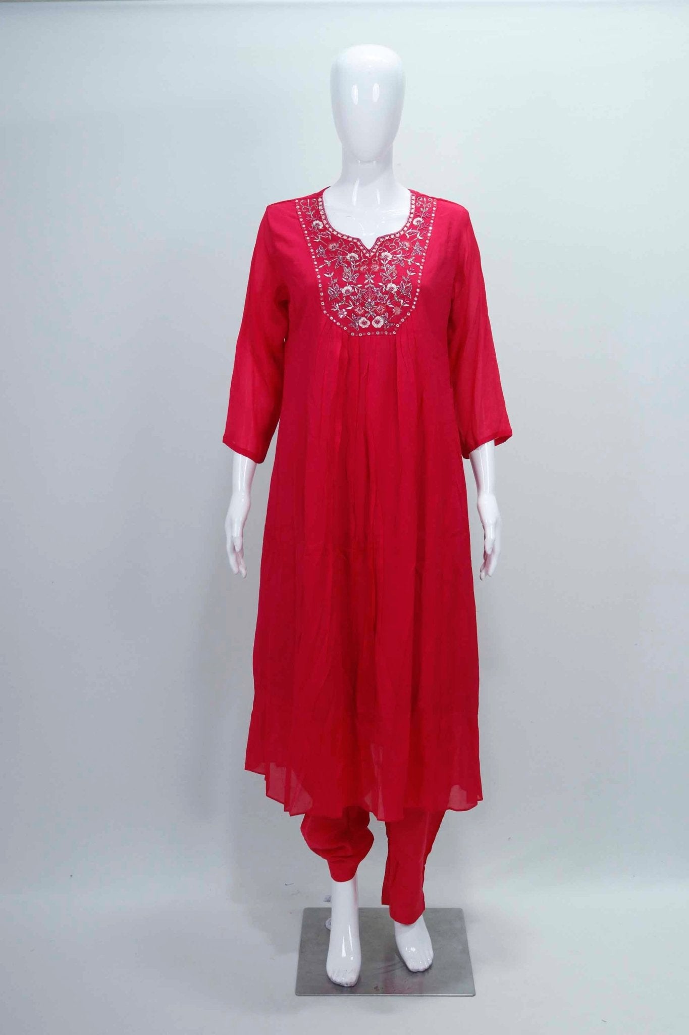Bright Red Georgette Kurta Set with Mirror Work Embroidery and Matching Dupatta - Mangaldeep NX