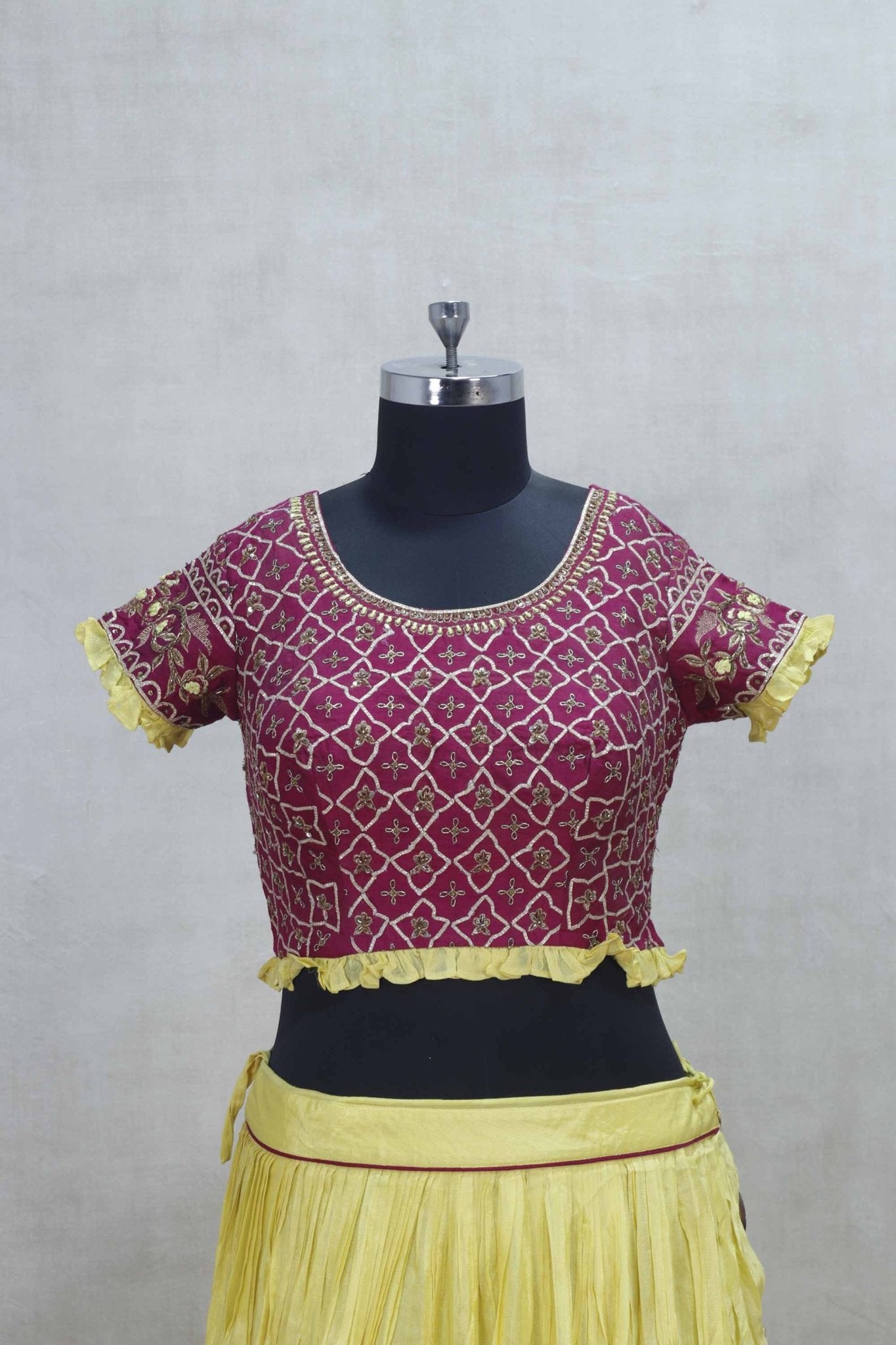 Bright Yellow Lehenga with Designer Maroon Crop Top and Bandhani Style Dupatta - Mangaldeep NX