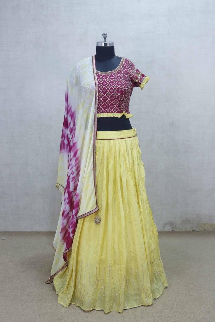 Bright Yellow Lehenga with Designer Maroon Crop Top and Bandhani Style Dupatta - Mangaldeep NX