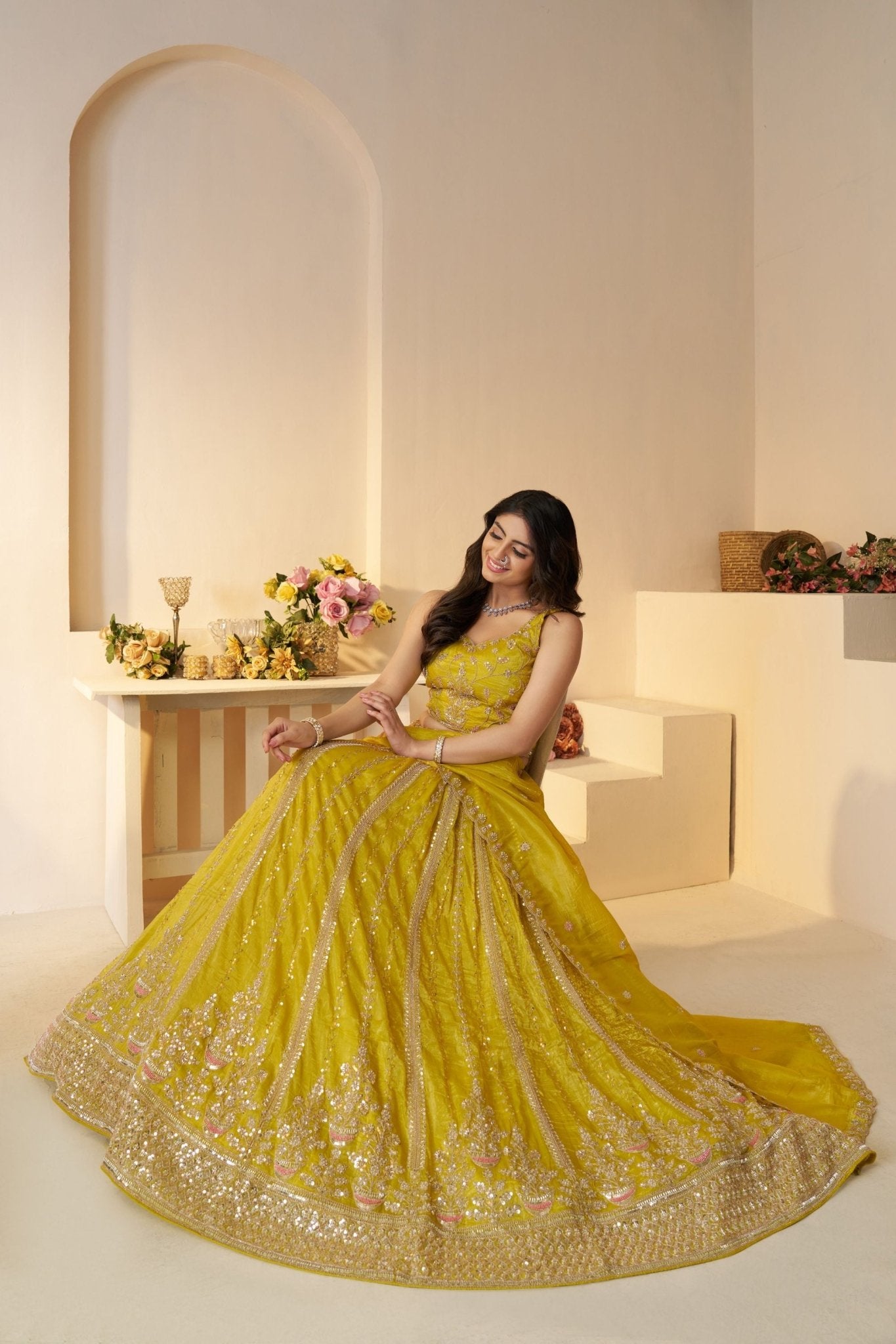 Bright Yellow Sequin Embroidered Lehenga Choli with Dupatta - Mangaldeep NX