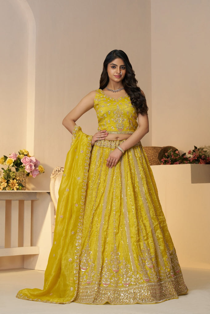 Bright Yellow Sequin Embroidered Lehenga Choli with Dupatta - Mangaldeep NX