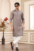 Brown Embroidered Kurta with White Churidar Pants for Men - Mangaldeep NX