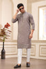 Brown Embroidered Kurta with White Churidar Pants for Men - Mangaldeep NX