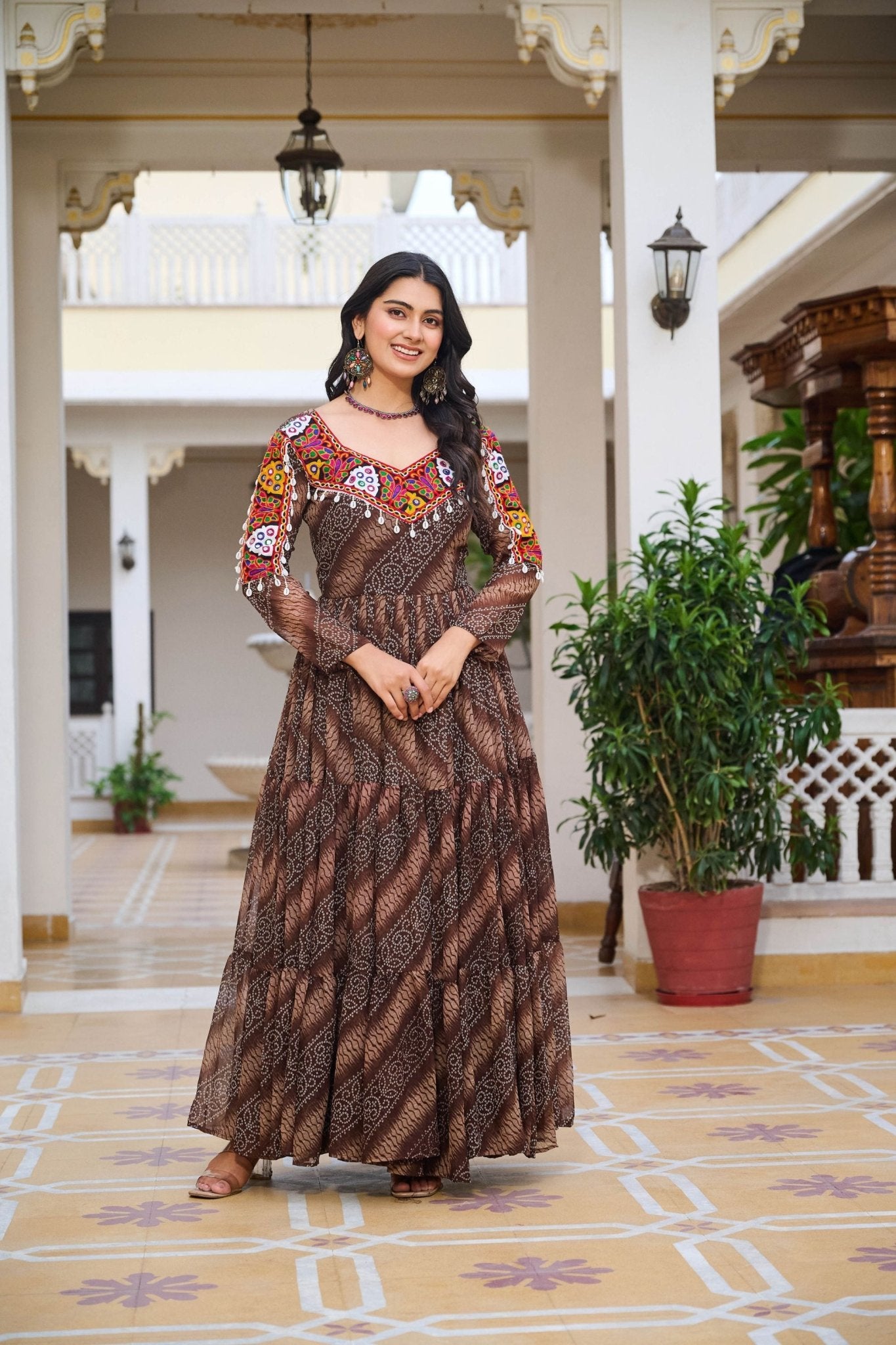 Brown Printed Cotton Gown with Multicolor Embroidered Yoke Mangaldeep NX Brown Printed Cotton Gown with Multicolor Embroidered Yoke Mangaldeep NX