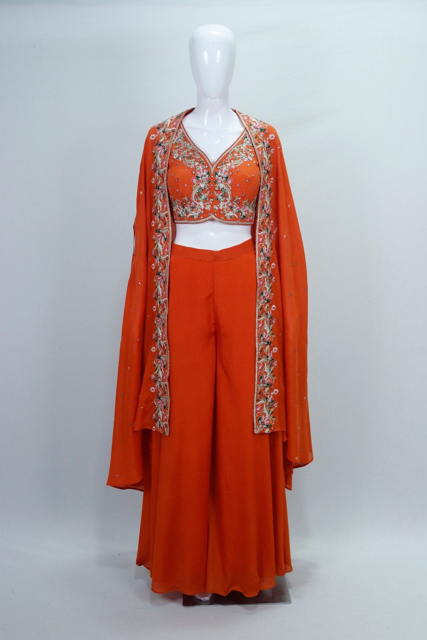 Burnt Orange Embroidered Georgette Palazzo Set with Cape and Bustier - Mangaldeep NX