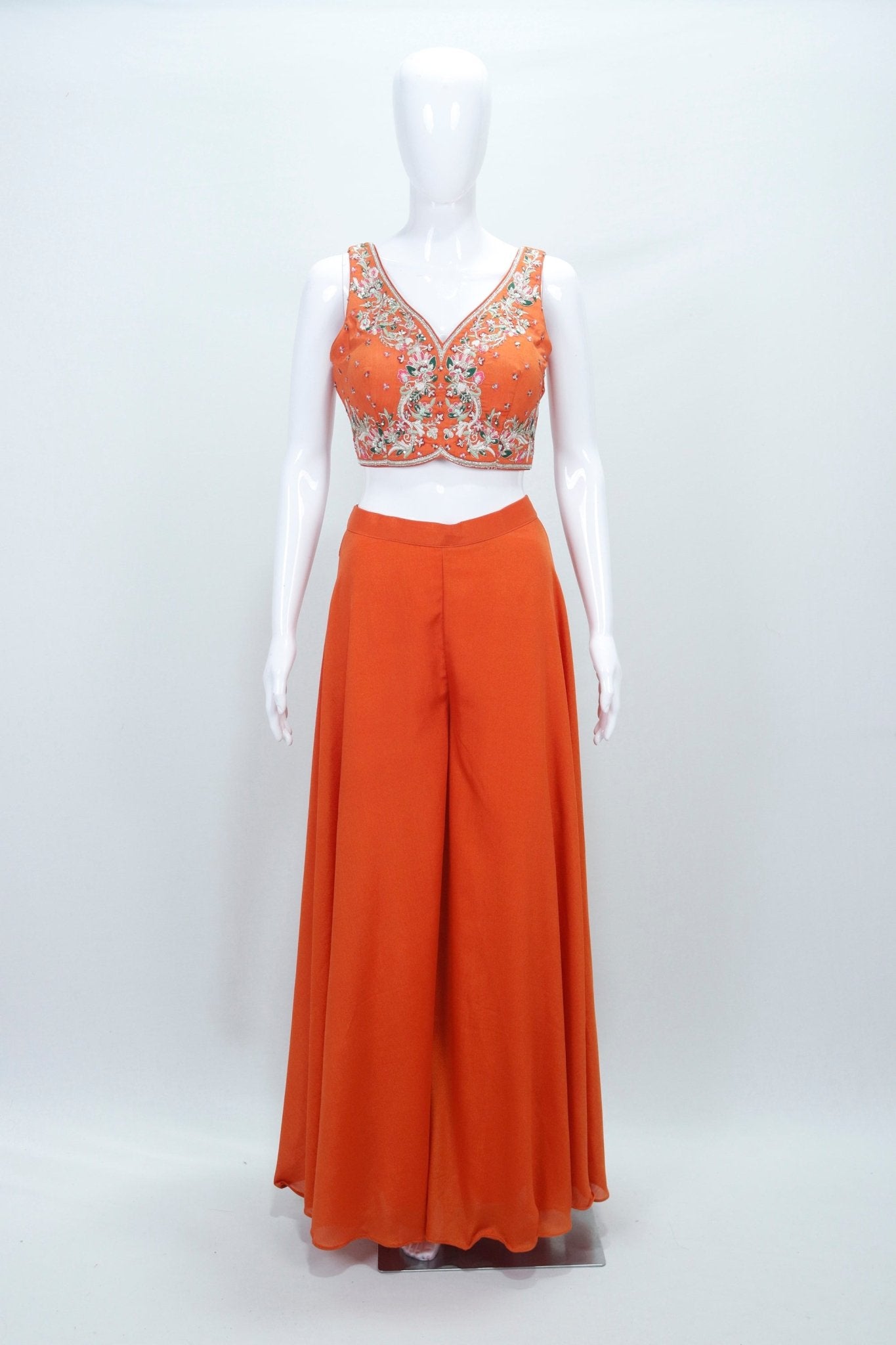 Burnt Orange Embroidered Georgette Palazzo Set with Cape and Bustier - Mangaldeep NX