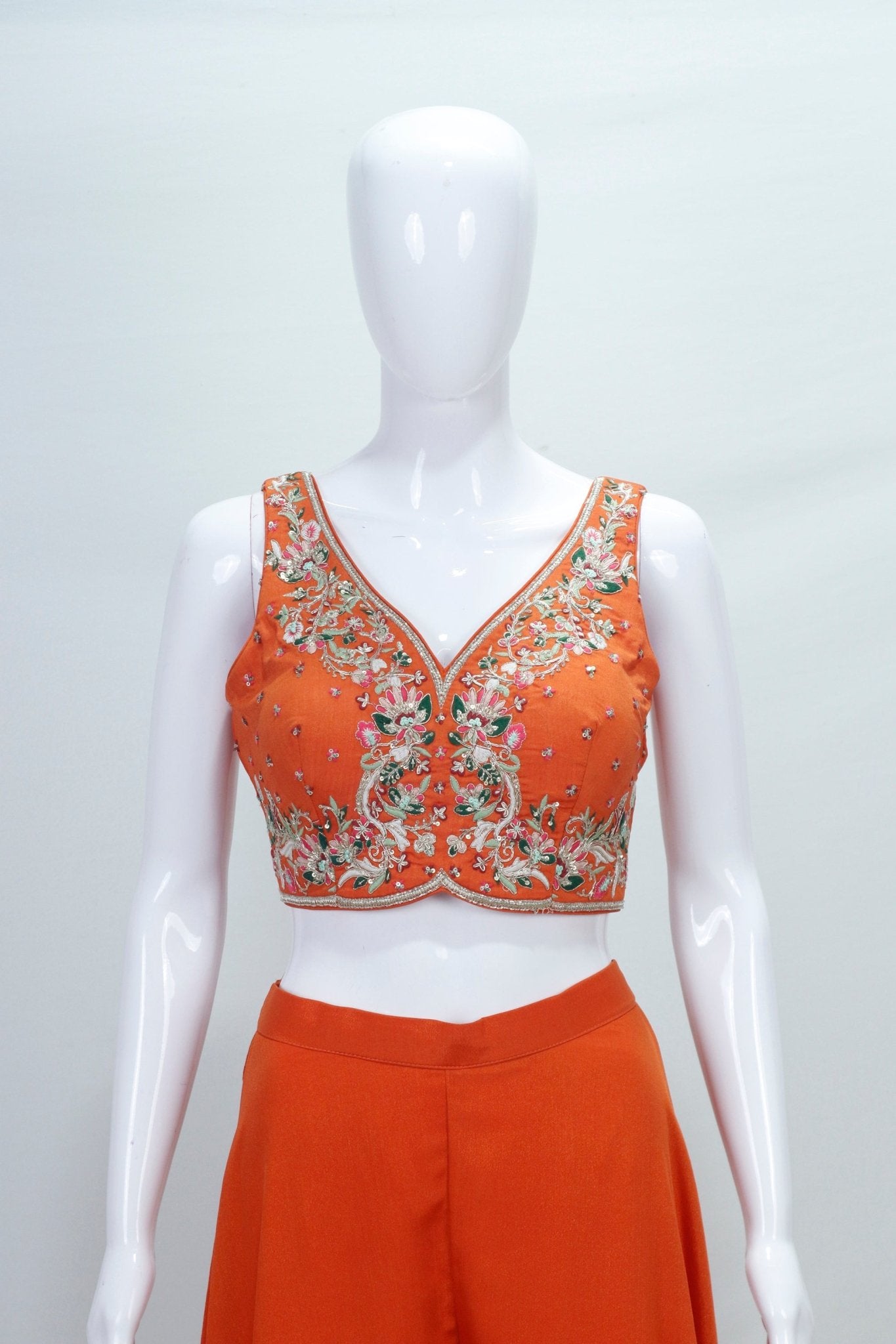 Burnt Orange Embroidered Georgette Palazzo Set with Cape and Bustier - Mangaldeep NX