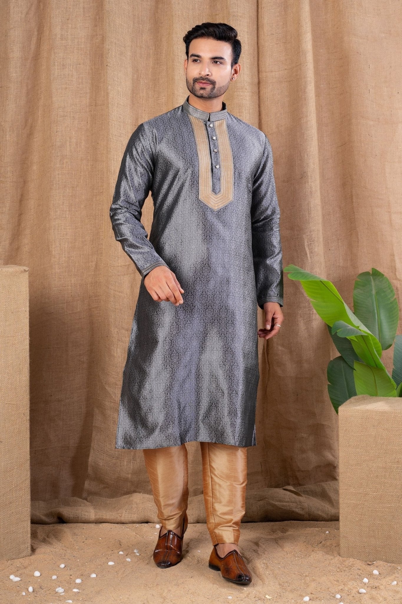 Charcoal Grey Textured Art Silk Kurta for Men with Beige Pyjama - Mangaldeep NX