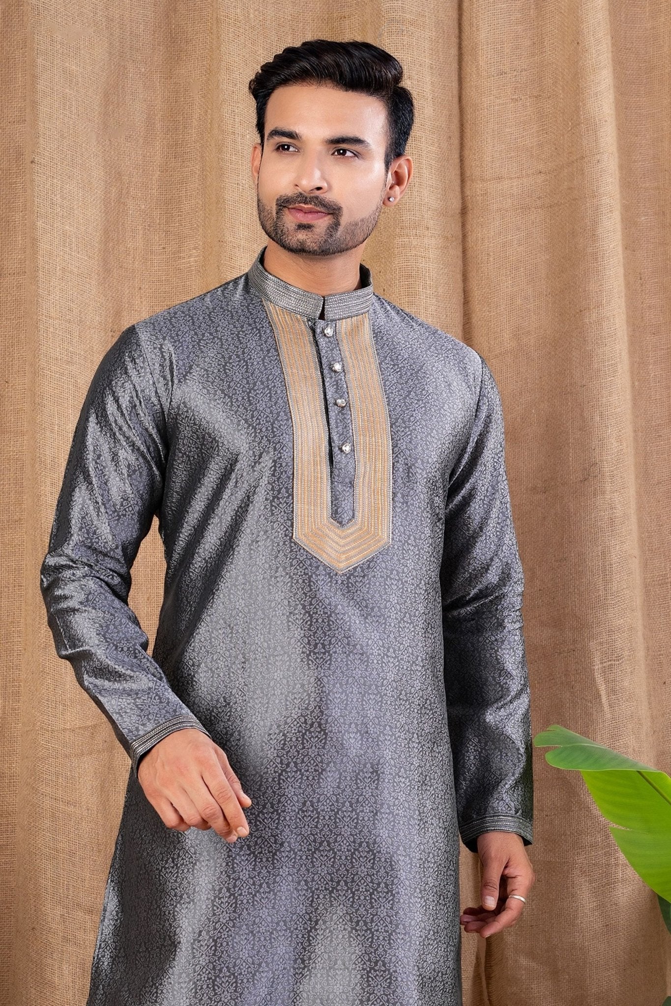 Charcoal Grey Textured Art Silk Kurta for Men with Beige Pyjama - Mangaldeep NX