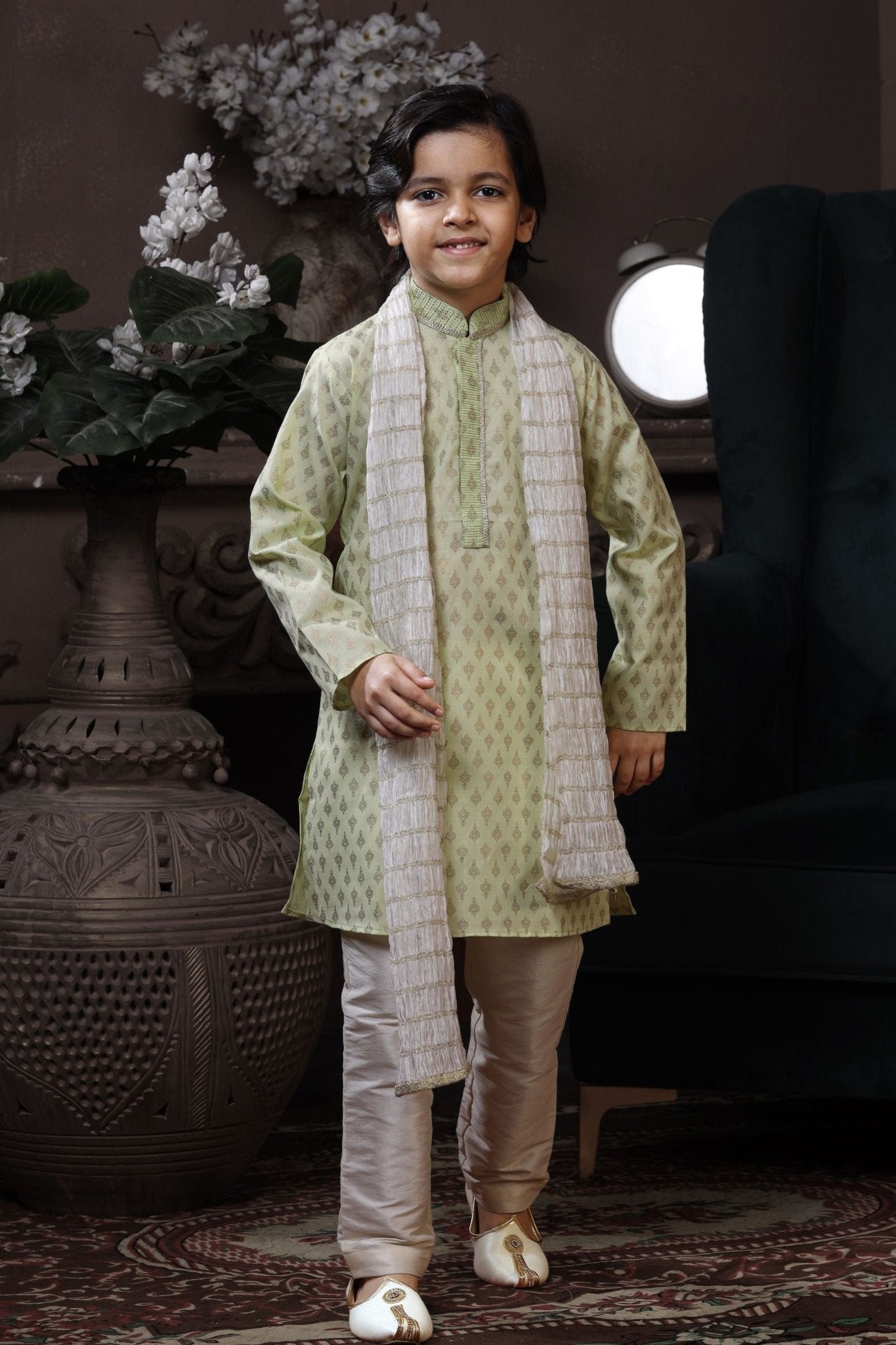 Charming Boys Light Green Printed Kurta with Cream Pyjama and White Dupatta - Mangaldeep NX