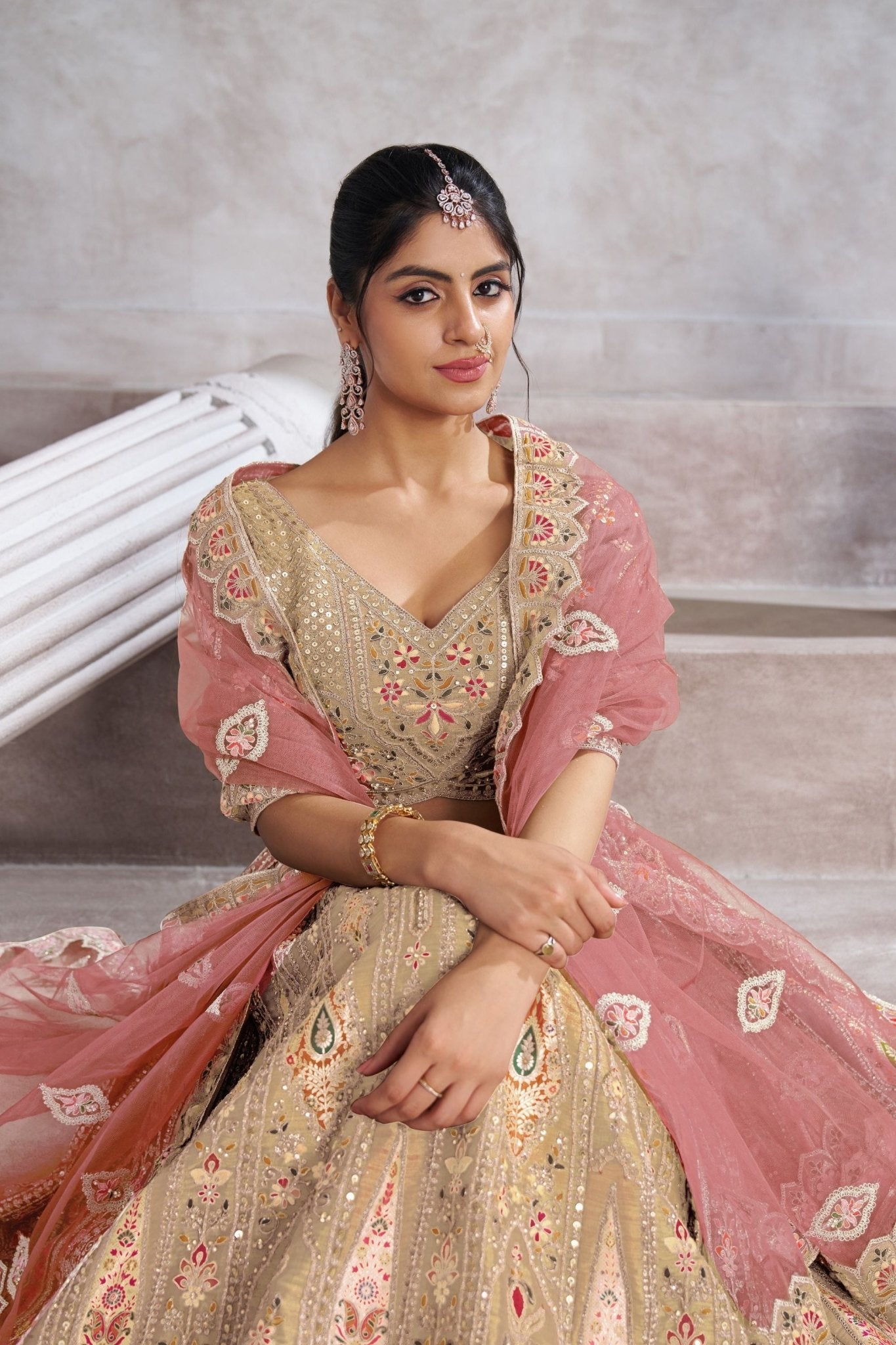 Chiku Beige Embroidered Silk Lehenga Choli with Peach Net Dupatta - Mangaldeep NX