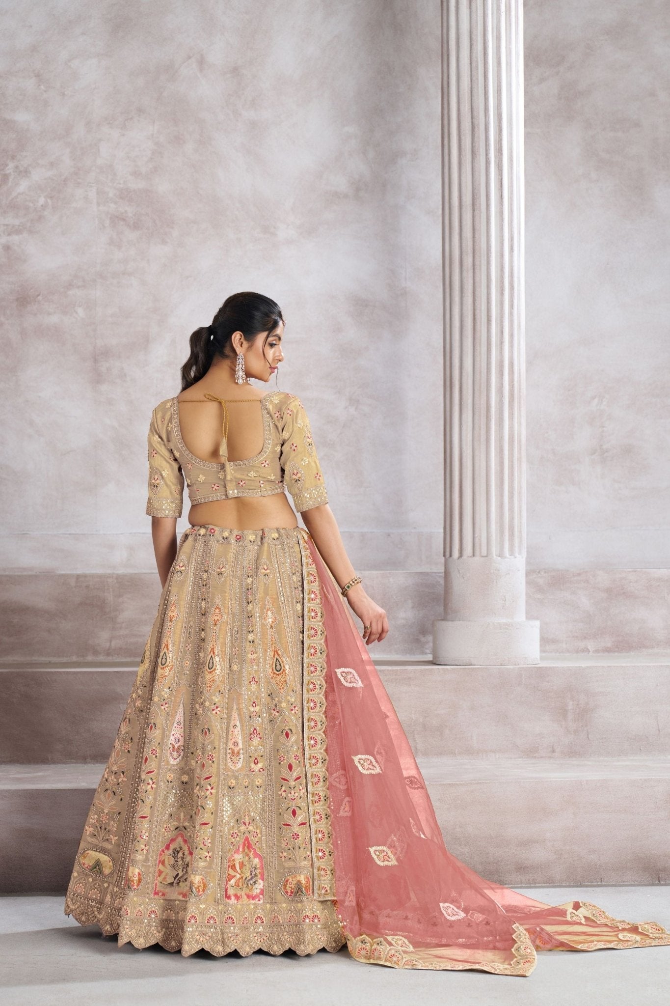 Chiku Beige Embroidered Silk Lehenga Choli with Peach Net Dupatta - Mangaldeep NX