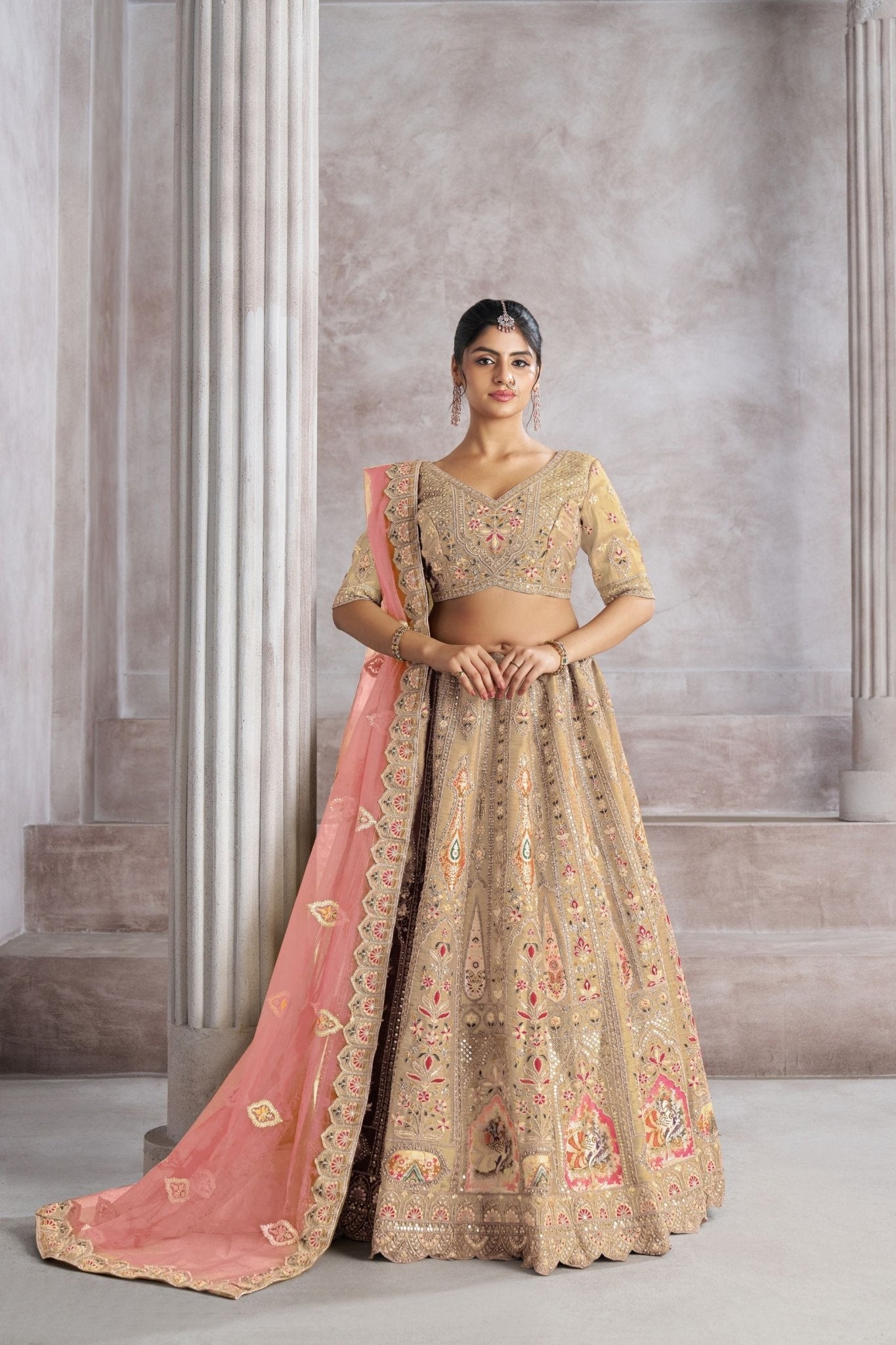 Chiku Beige Embroidered Silk Lehenga Choli with Peach Net Dupatta - Mangaldeep NX