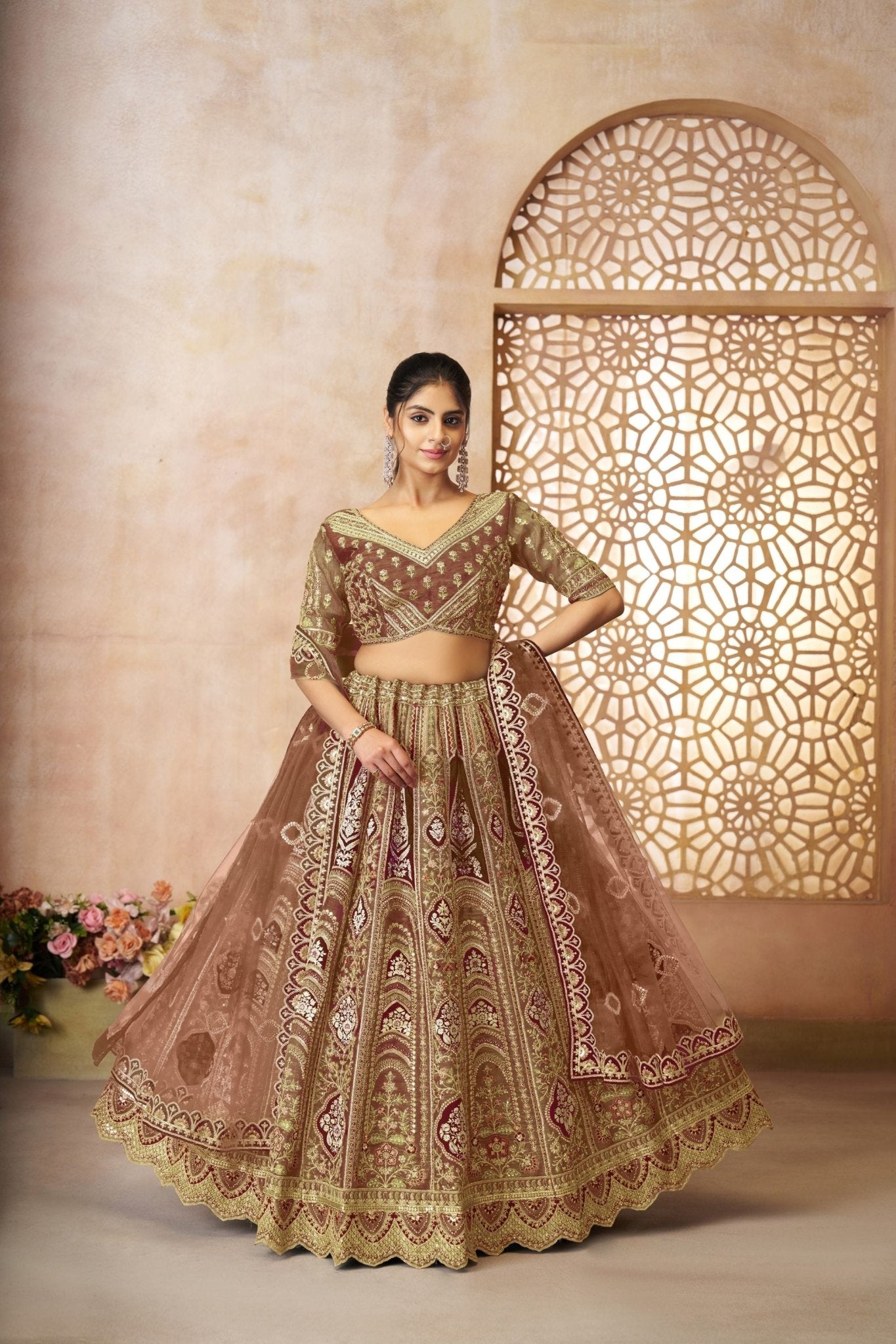 Coffee Brown Embroidered Net Lehenga Choli with Dupatta for Wedding & Festive Wear - Mangaldeep NX