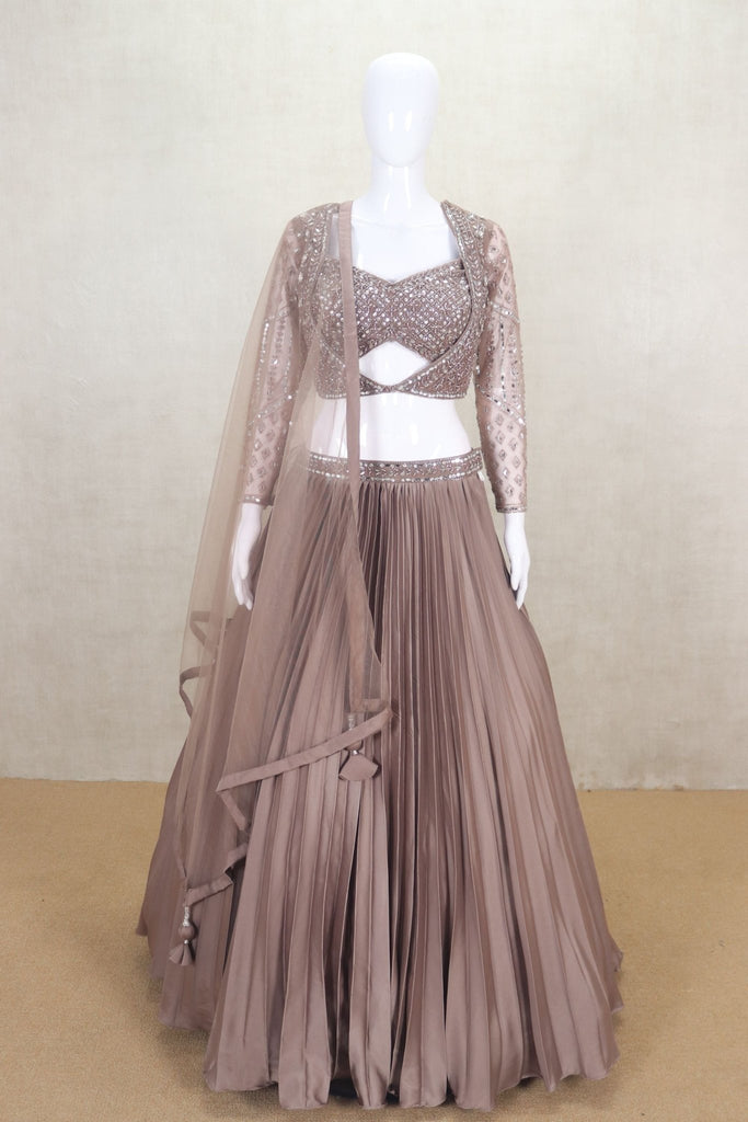 Coffee Brown Pleated Lehenga with Mirror Work Blouse - Mangaldeep NX
