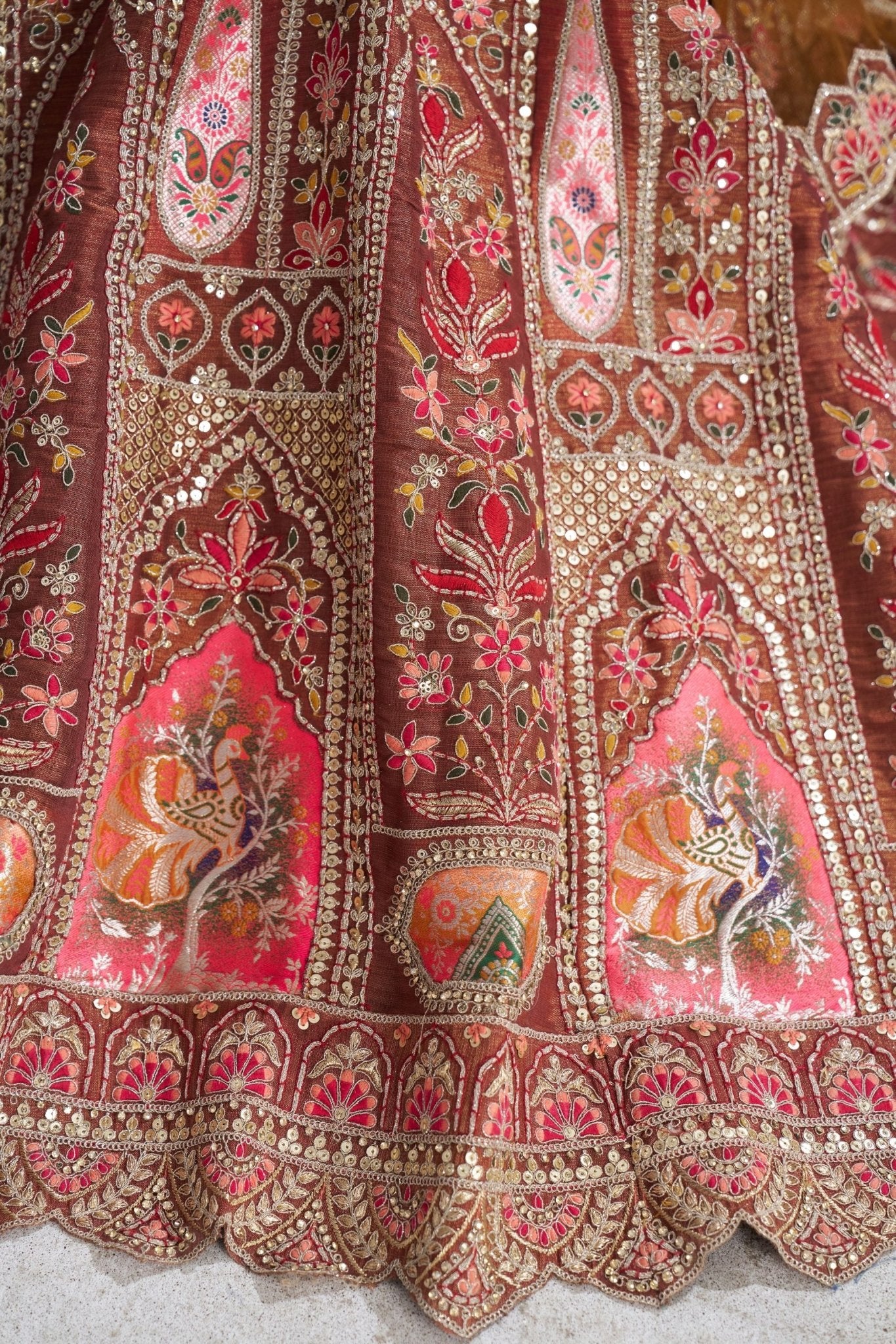 Coffee Maroon Embroidered Silk Lehenga Choli with Mustard Net Dupatta - Mangaldeep NX