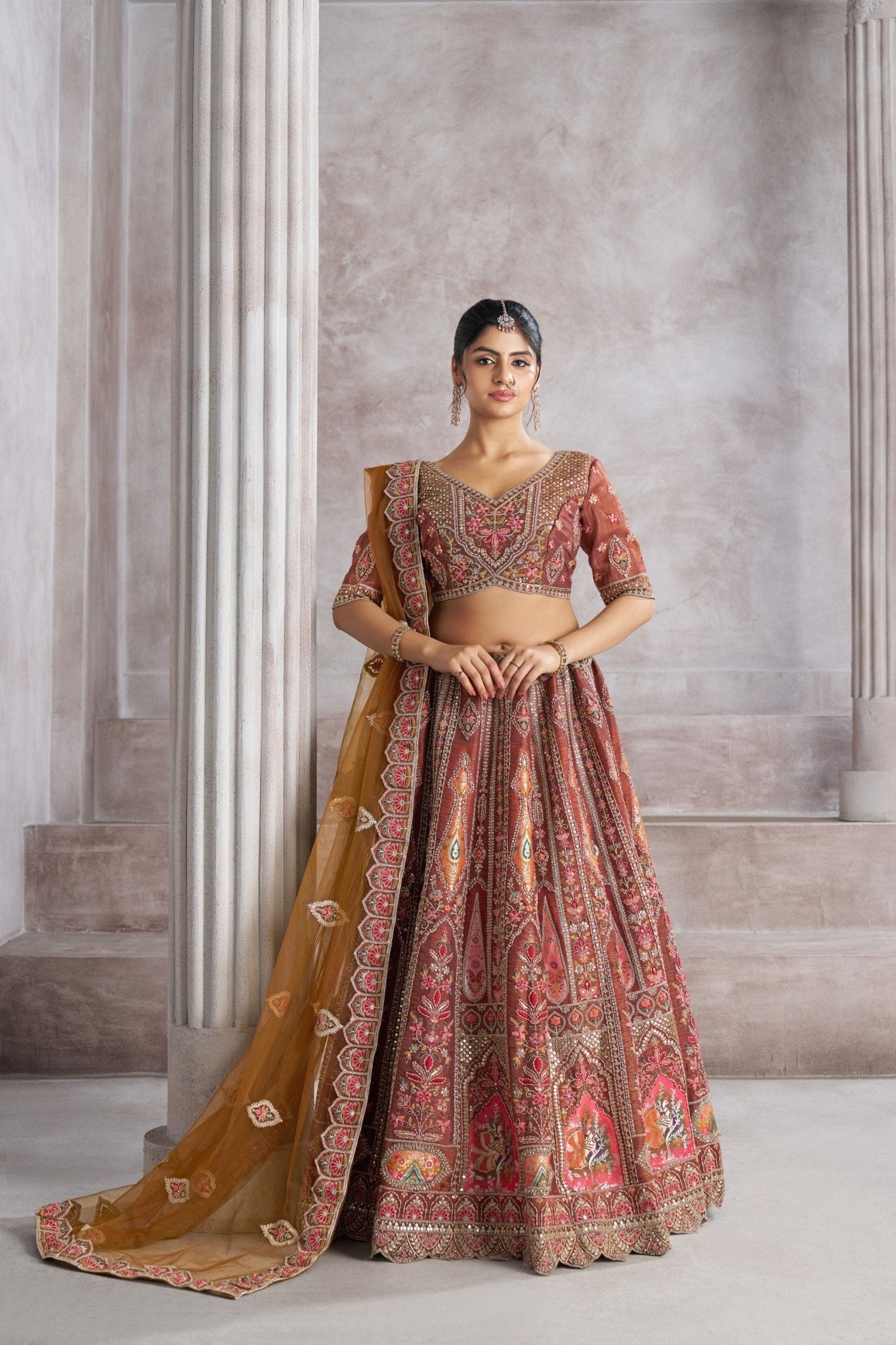 Coffee Maroon Embroidered Silk Lehenga Choli with Mustard Net Dupatta - Mangaldeep NX