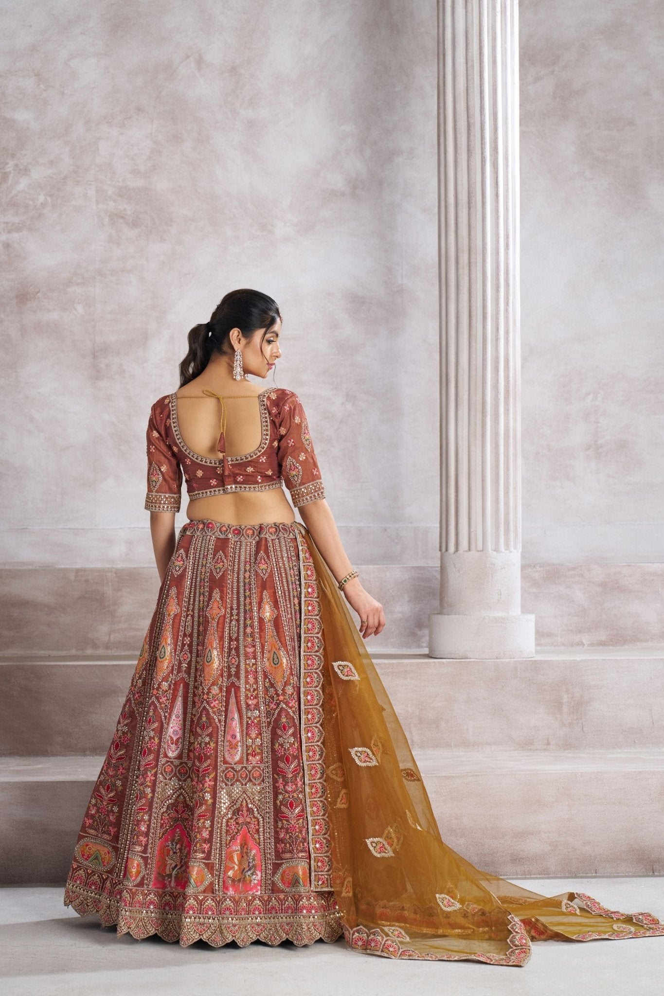 Coffee Maroon Embroidered Silk Lehenga Choli with Mustard Net Dupatta - Mangaldeep NX