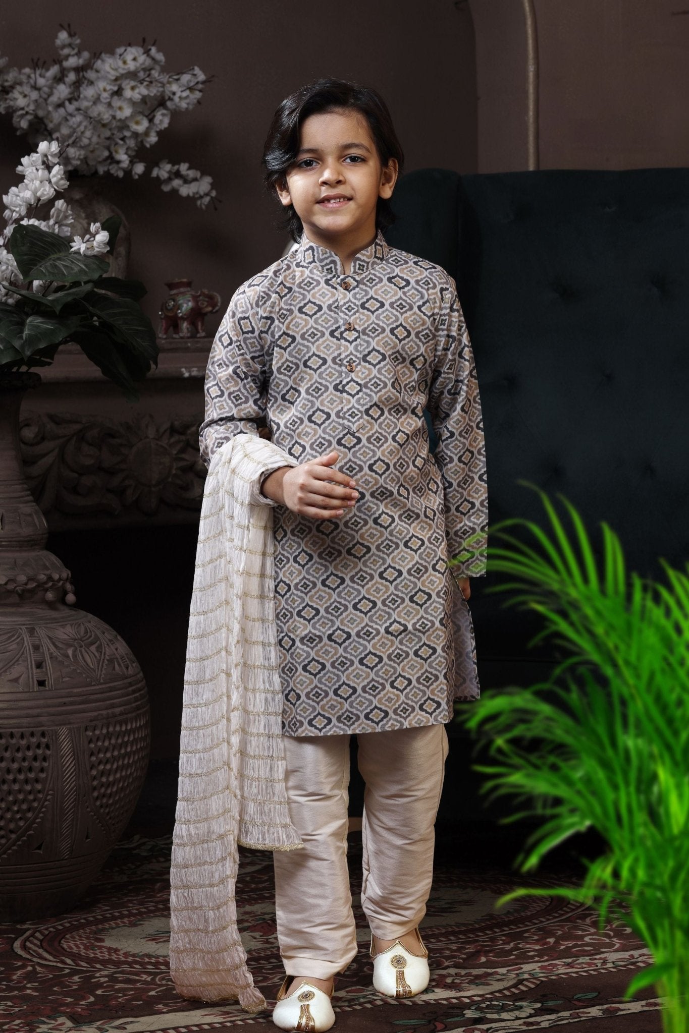 Comfortable Beige and Grey Printed Kurta Pyjama Set for Boys - Mangaldeep NX