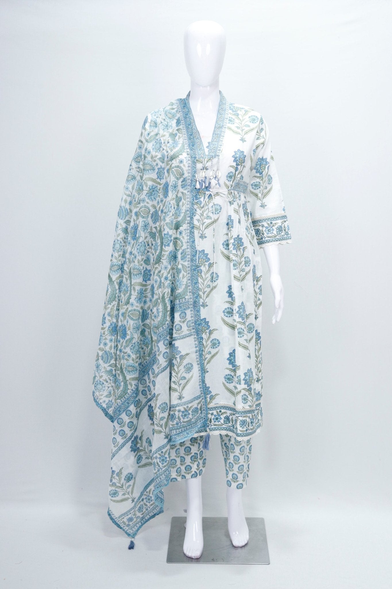 Cotton Floral Printed White Blue Kurta Set with Dupatta - Mangaldeep NX