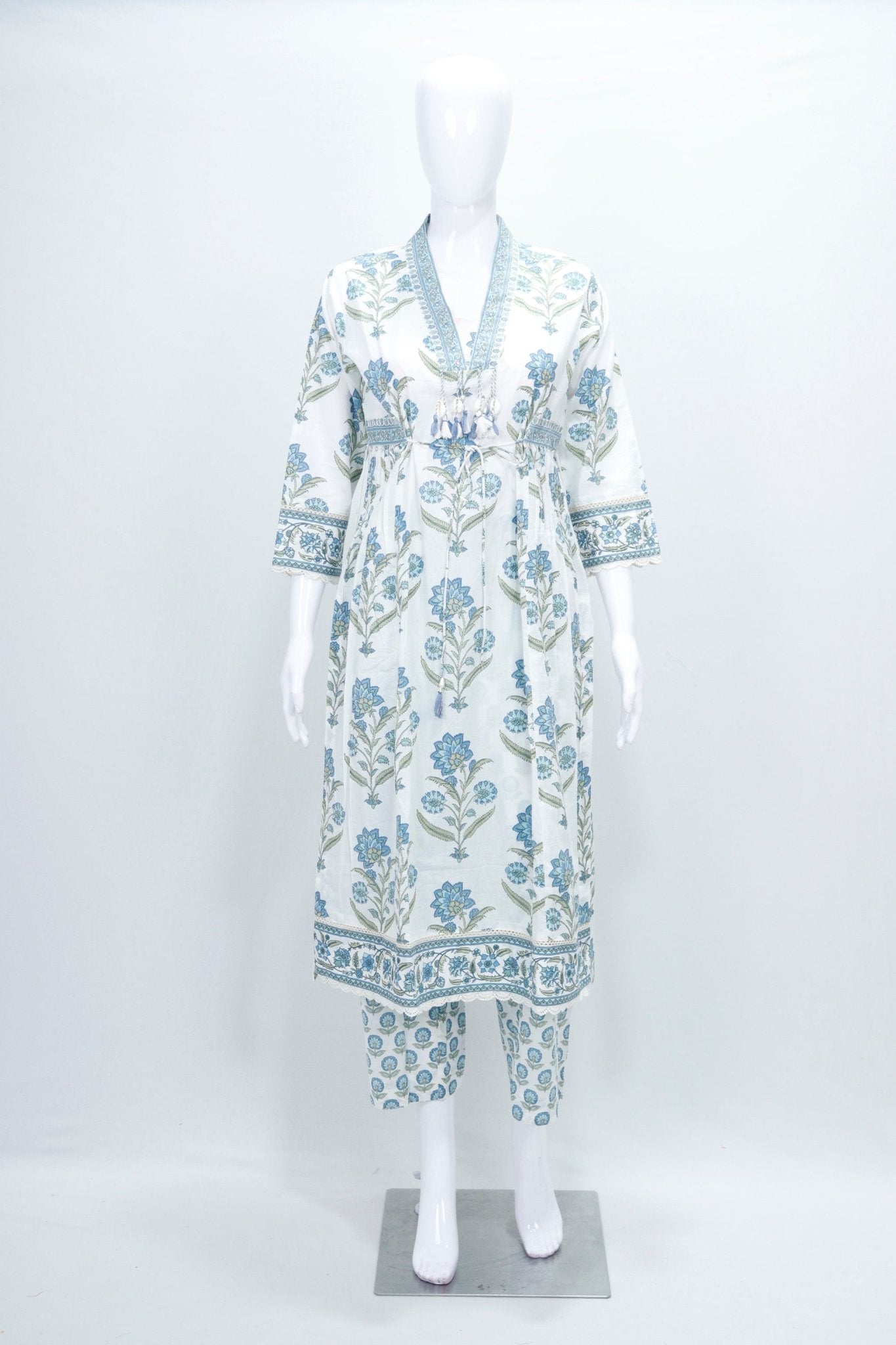 Cotton Floral Printed White Blue Kurta Set with Dupatta - Mangaldeep NX