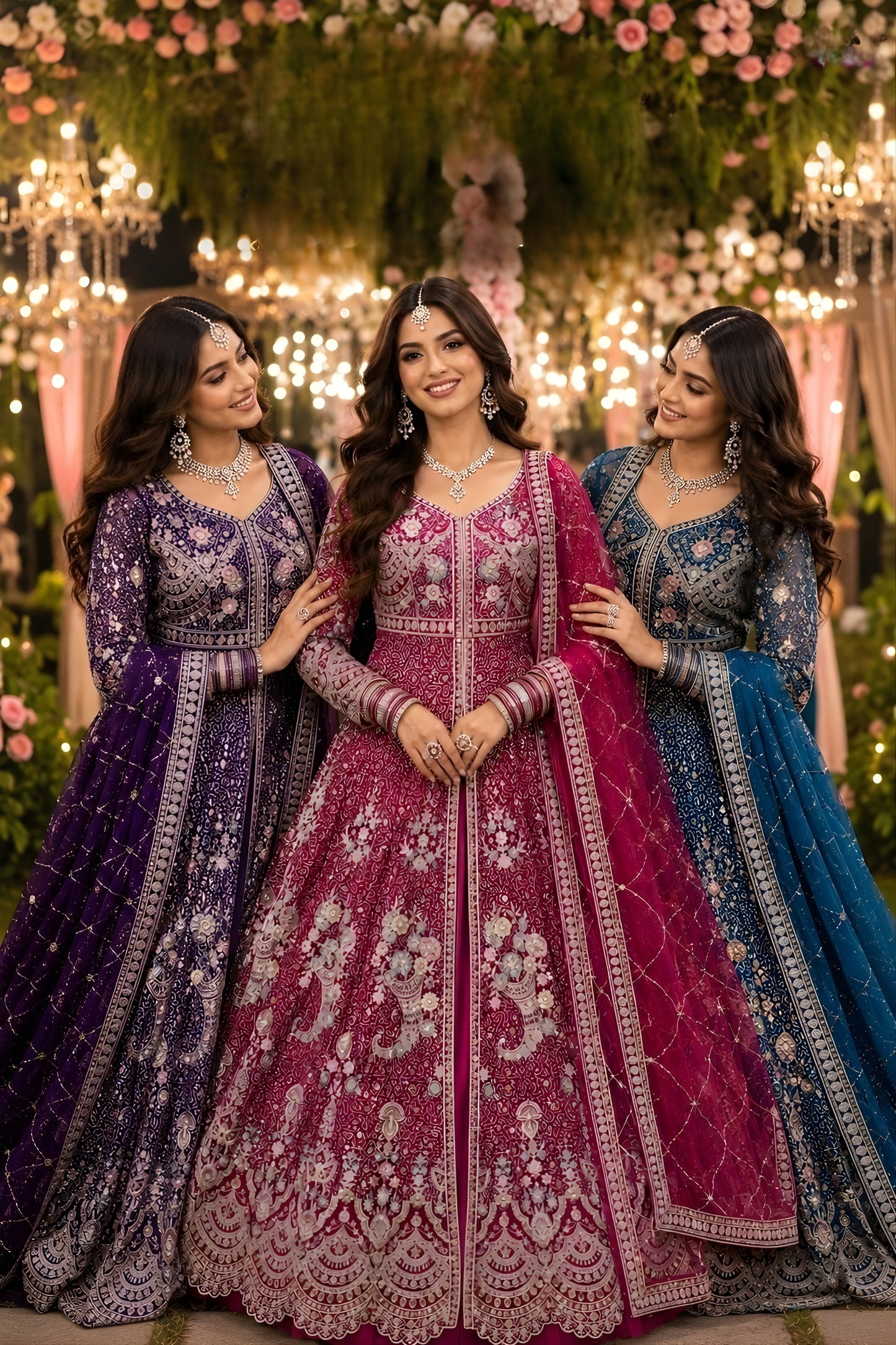 Elegant Navy Blue Heavy Embroidered Floor Length Gown with Designer Net Dupatta for Wedding