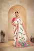 Cream Bandhani Printed Saree with Multicolor Peacock Motifs and Pink Border - Mangaldeep NX
